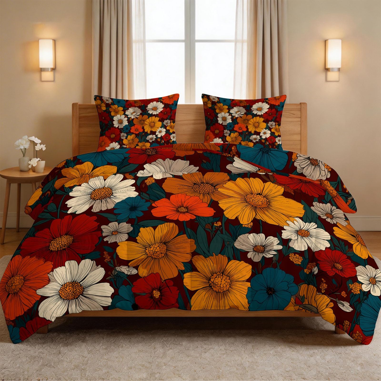 Generisch Trapunta floreale con margherite e petali, senza rivestimento, 135 x 200 cm, acquerello, 4 stagioni, reversibile, delicata sulla pelle, lavabile per tutto l'anno, con 2 federe da 80 x 80 cm
