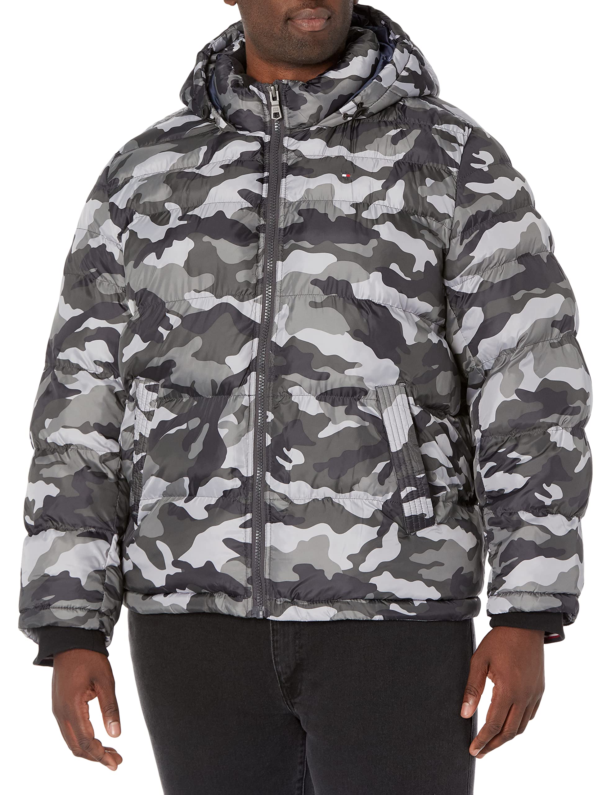 Tommy Hilfiger Men's Down Alternative Hooded Puffer Jacket (Standard and Big & Tall) Coat, Grey Camouflage, XL