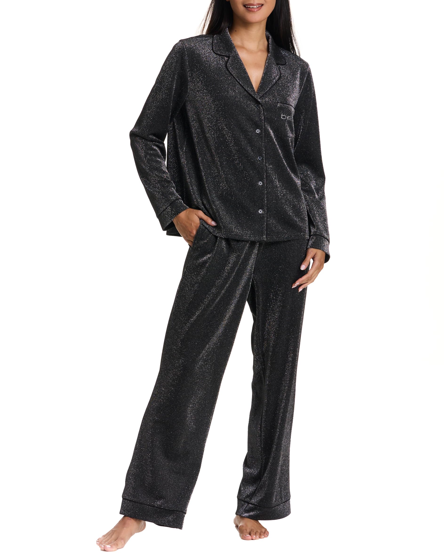 bebe Fancy Black Pajamas Metallic Shimmer, Womens Button Down Pajama Sets, Lounge Set (Black Beauty, Large)