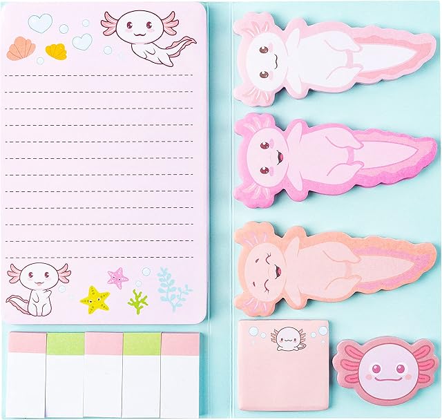 A1DIEE Axolotl Sticky Notes Cute Cartoon Pastel Memo Set Mexican Walking Fish Self Stick Index Sticky Tabs Page Markers Stationary Bookmark Stickers Gifts for Girls Office School Student Supplies