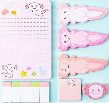Axolotl Sticky Notes Cute Cartoon Pastel Memo Set Stationary Gifts