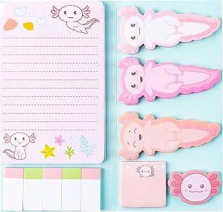 A1DIEE Axolotl Sticky Notes Cute Cartoon Pastel Memo Set Mexican Walking Fish Self Stick Index Sticky Tabs Page Markers Stationary Bookmark Stickers Gifts for Girls Office School Student Supplies