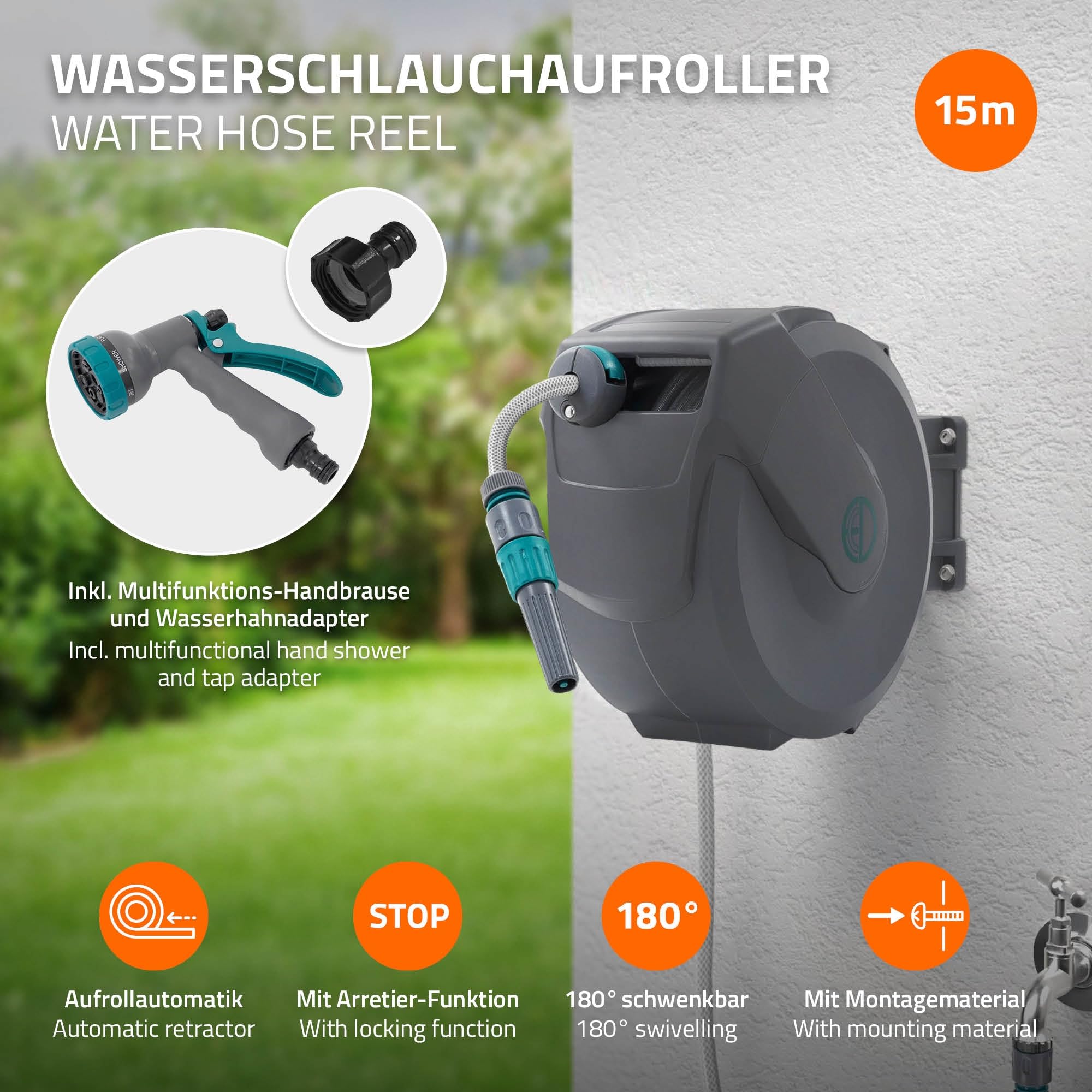 ECD Germany Carrete de Manguera 15m + 1,5m Extensible de PVC Enrollador Automático Portamanguera con Bloqueo y 9 Funciones de Pulverización, Tambor de Pared Giratorio 180° para Jardín Exterior