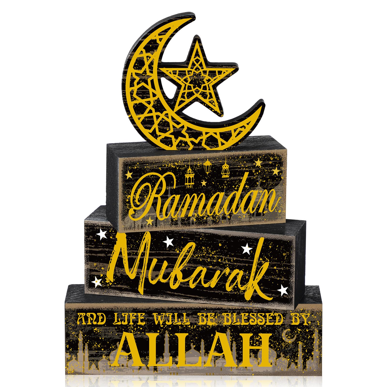 4 Pcs Ramadan Mubarak Table Decor Wooden Eid Mubarak Tabletop Signs for Home Black and Gold Muslim Islam Ramadan Mubarak Centerpiece for Islamic Gifts Kareem Home Table Decor