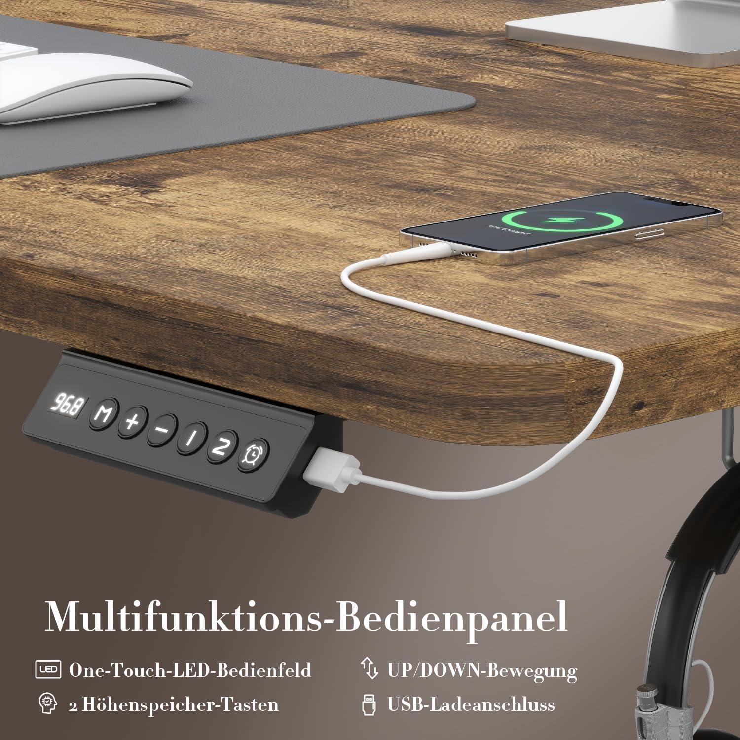 Airfish Höhenverstellbarer Schreibtisch 180x80cm mit USB-Buchse, Schreibtisch Höhenverstellbar Elektrisch mit Memory Funktion, 73-118cm, Dunkelbraun