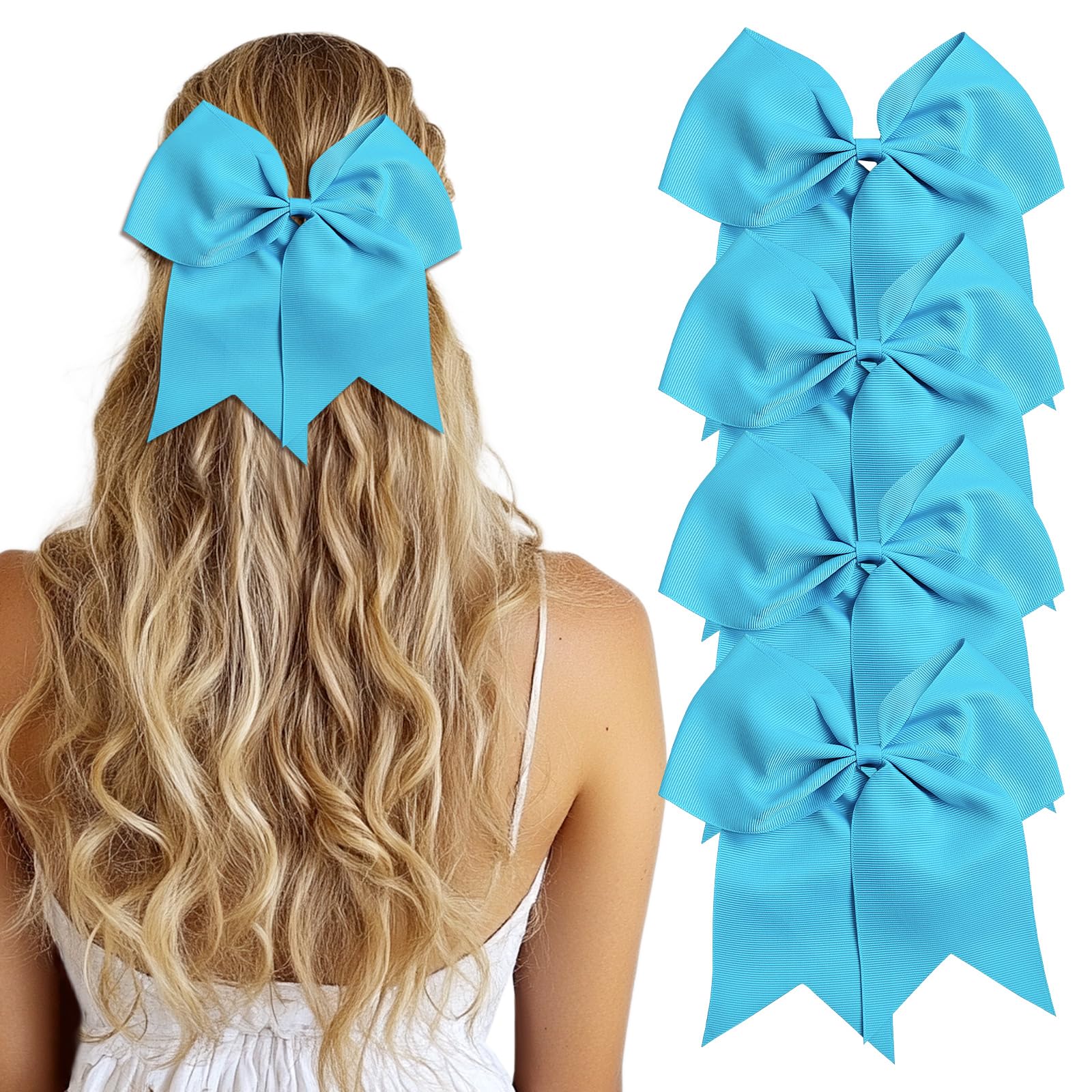 AXEN Large Cheerling Bow, 8 inch Cheer Hair Bows with Ponytail Holder for Teen Girls Sports Cheerleader Hair Accessories, Light Blue