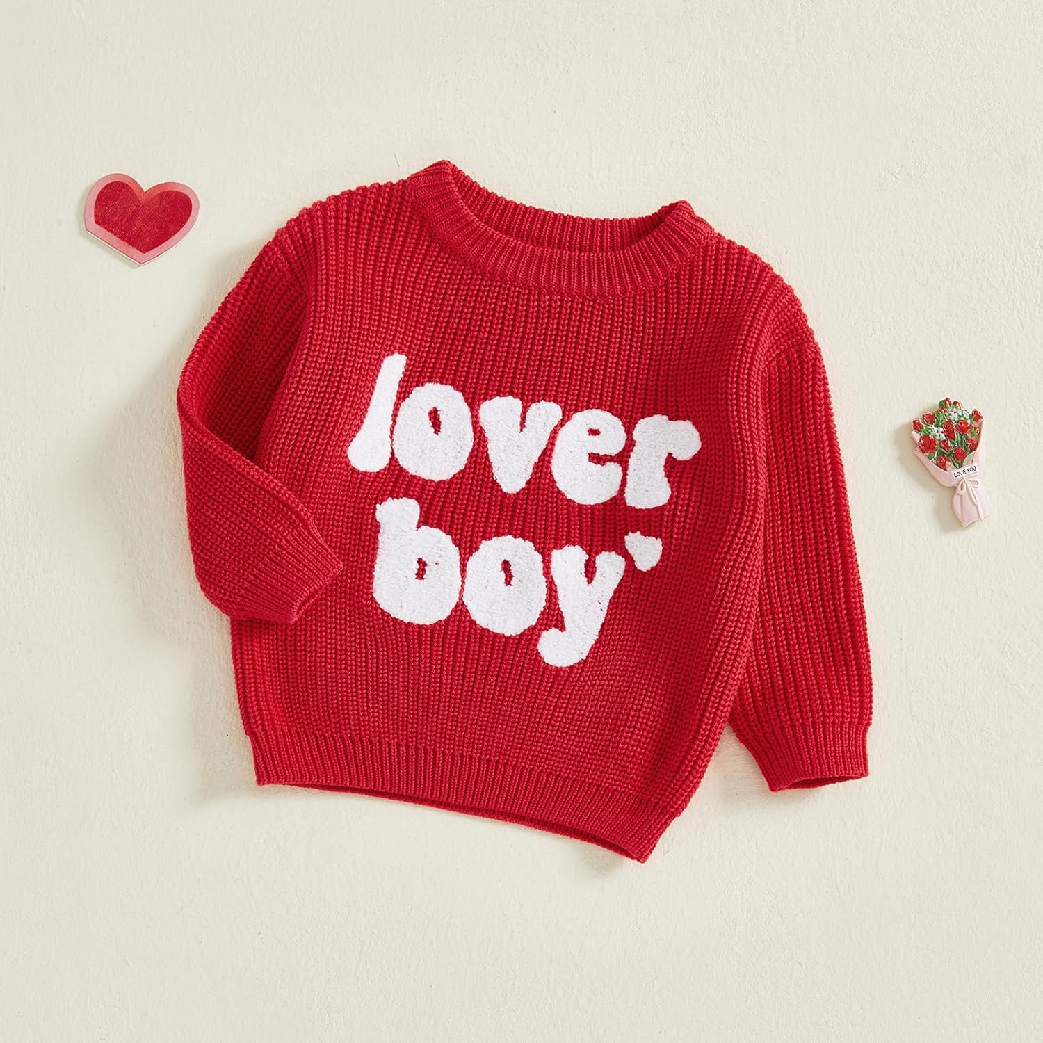 Toddler Baby Boy Valentines Clothes Lover Boy Embroidery Sweater Long Sleeve Oversized Knit Pullover Sweatshirt - Image 4