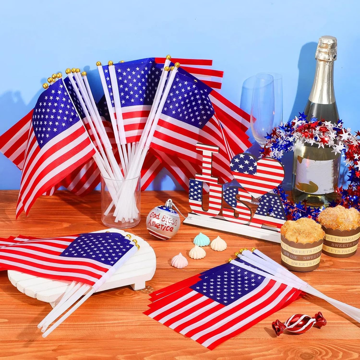300 Pcs Small American Flags on Stick Plastic 4th of July USA Flag, 5.5 x 8.3 Inch Hand Held Mini Flags for Independence Day Fourth of July Lawn Memorial Day Parades Patriotic Parties (Classic Style)