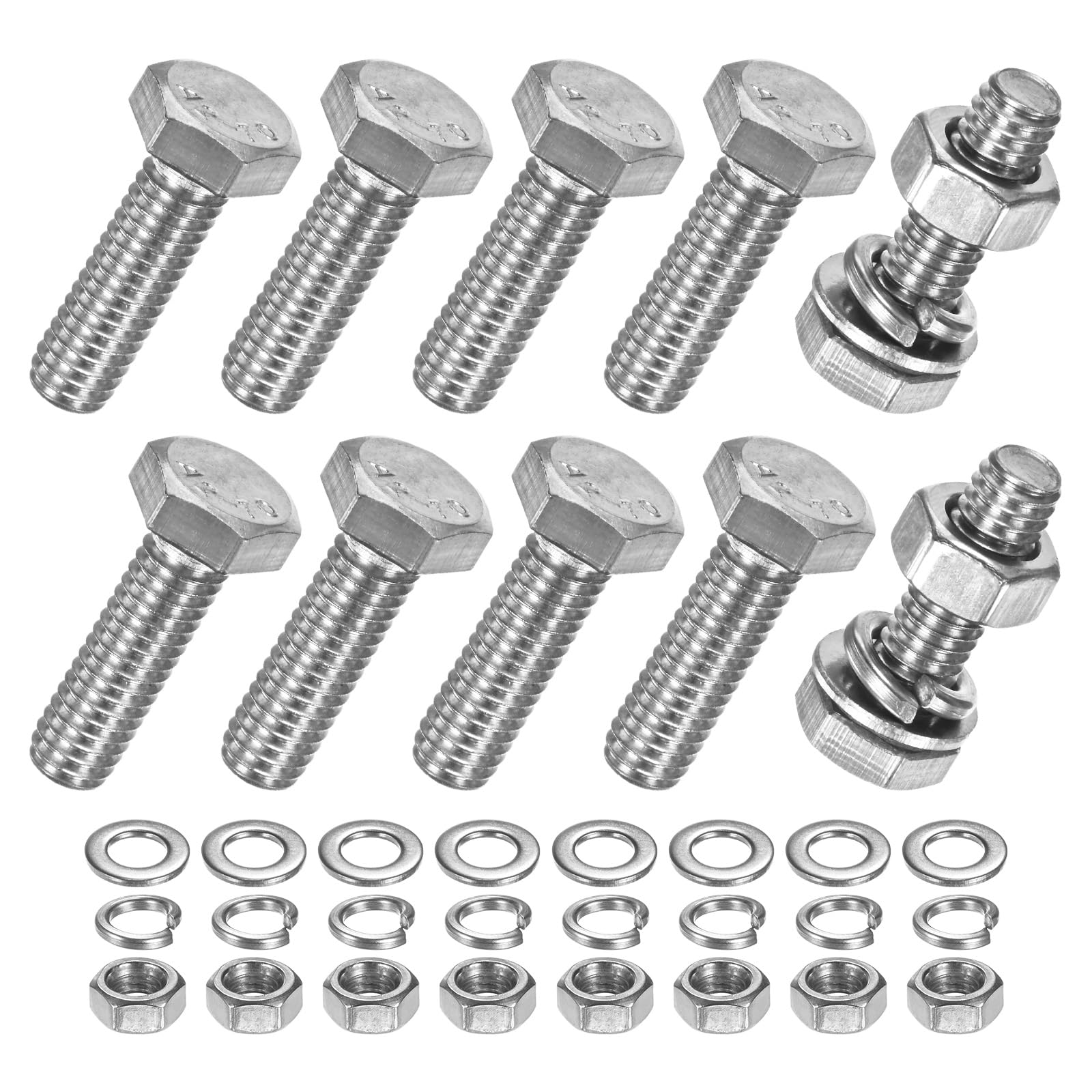 M METERXITY 10-Pack Hex Head Screw Bolt with Nuts Flat & Lock Washers M6x20mm Stainless Steel Bolts and Nuts Kit Fully Threaded Metric Bolt Assortment for Equipment/Machinery