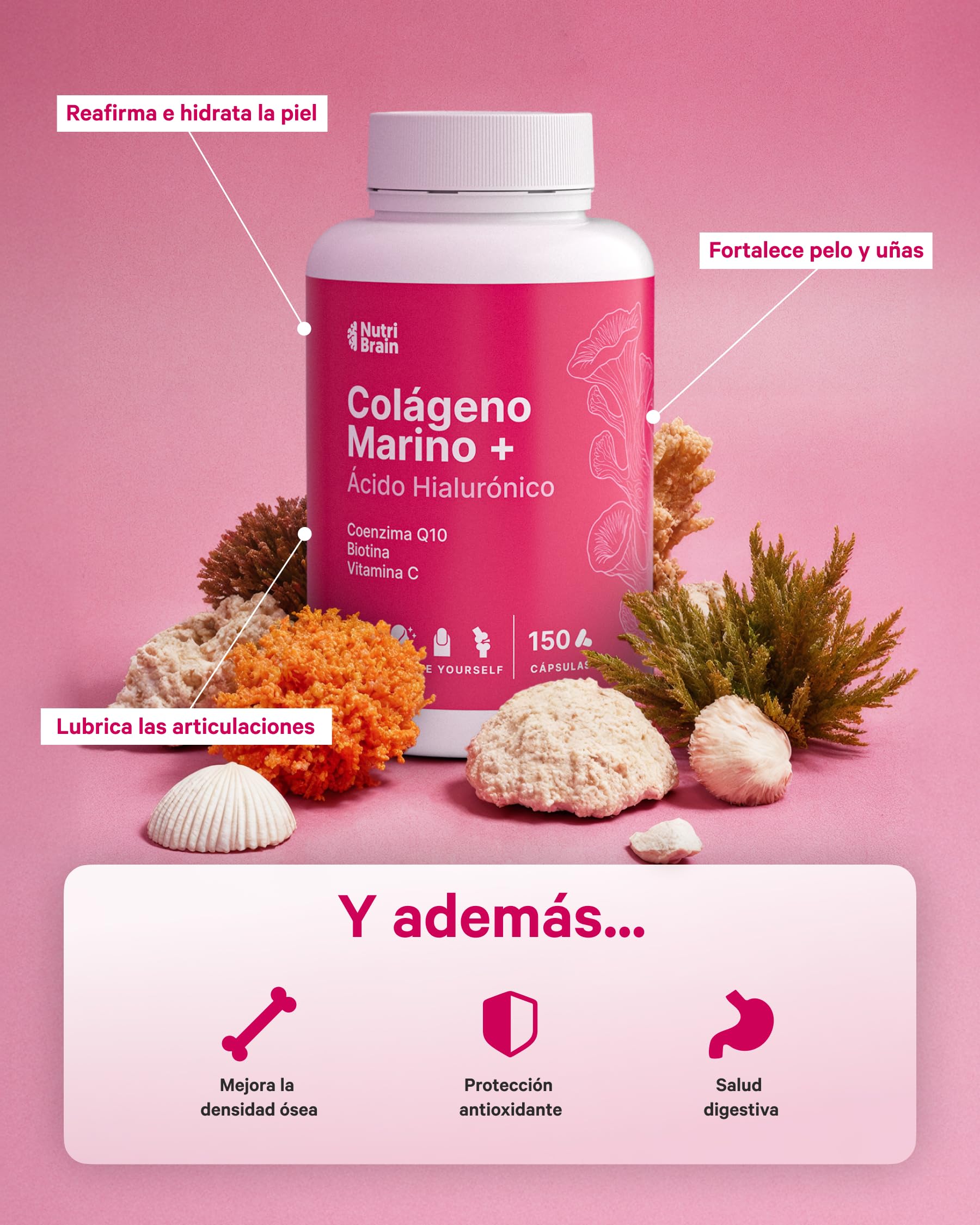 Colágeno Marino Hidrolizado Puro con Ácido Hialurónico, Vitamina C, Coenzima Q10 y Biotina - 150 Cápsulas, 5 Meses - Alta Biodisponibilidad - Péptidos Tipo I - Articulaciones, Piel, Pelo y Uñas