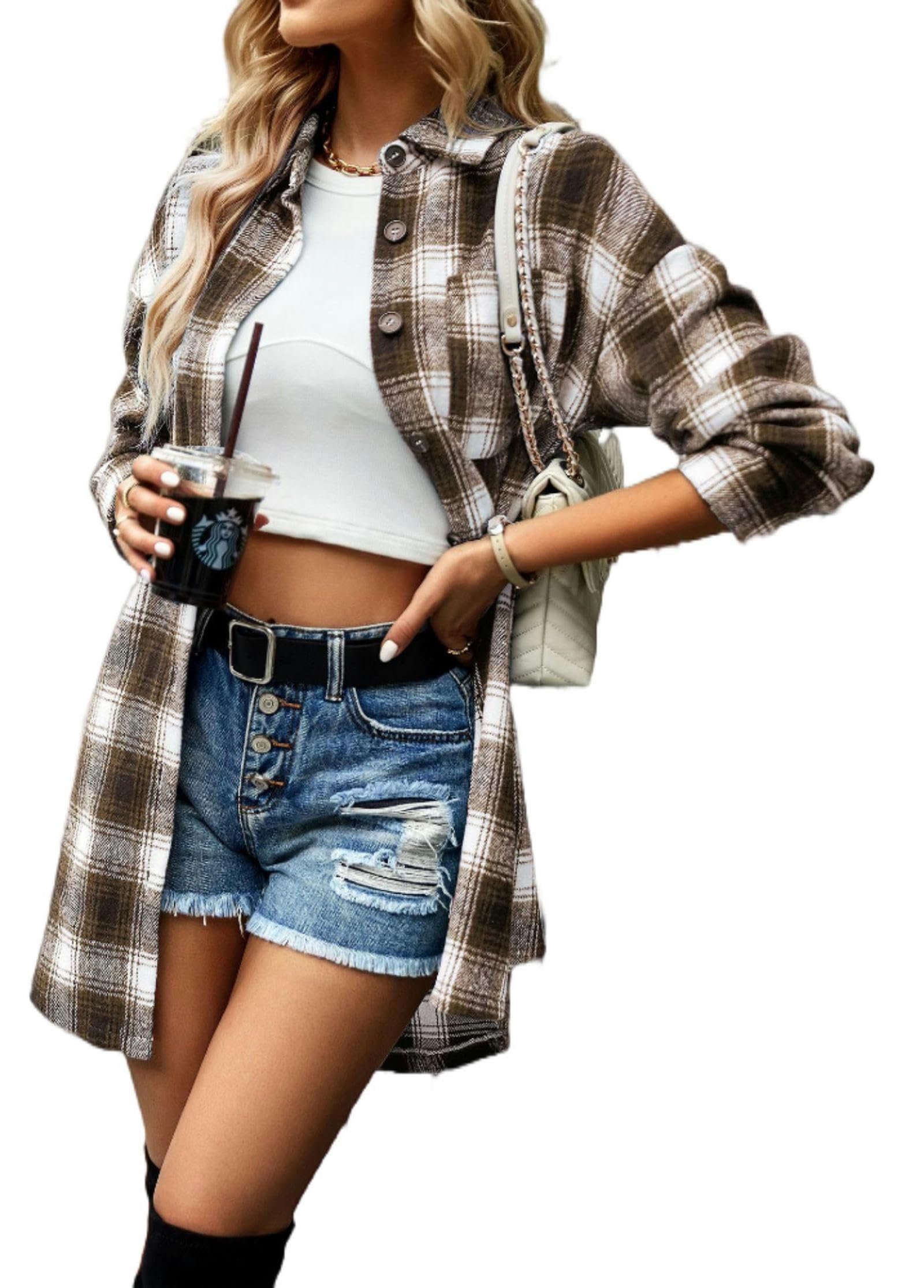 Camisa a Cuadros Larga, versátil, Informal, para Mujer, Color Negro, Talla S
