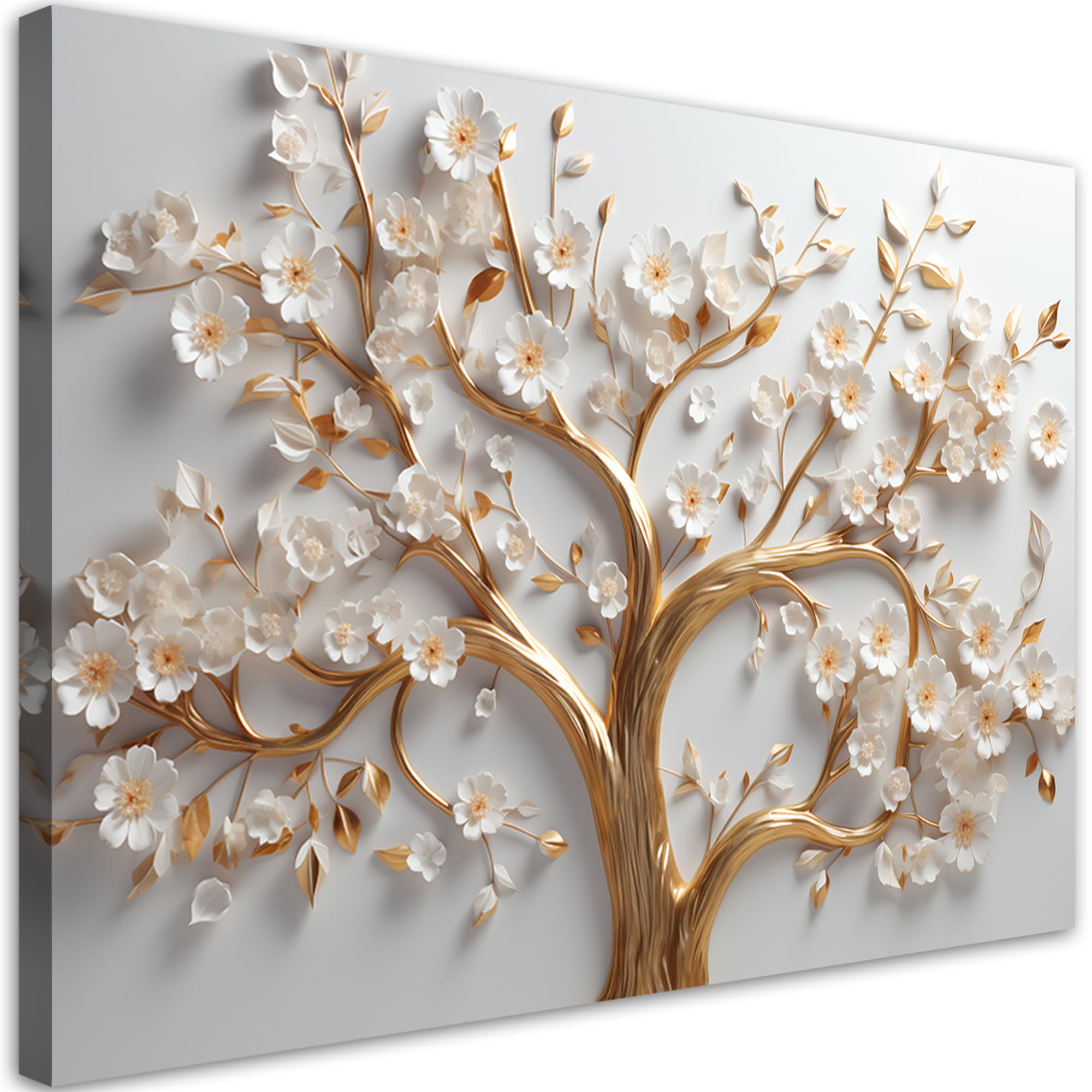 Feeby Quadro Su Tela 3D Fiori Oro 120X80 Cm 1 Pezzo Stampa Murale Fotografia Decorazione Da Parete Immagini Moderni Per Soggiorno Camera Da Letto Ufficio Hotel Spa Piante Motivo Floreale Bianco-image