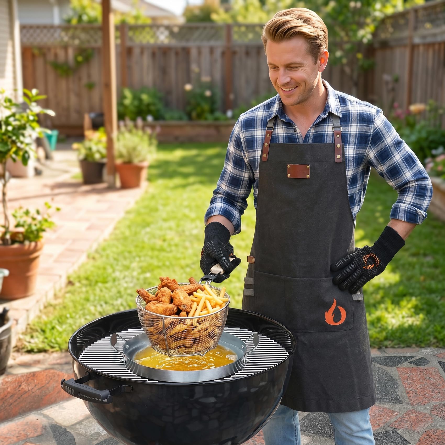 Onlyfire Freidora de Acero Inoxidable para Weber Gourmet BBQ System, Set de Olla y Cesta para Barbacoa de 57 cm, con Mango de Madera Extraíble, Ideal para Patatas Fritas y Alitas