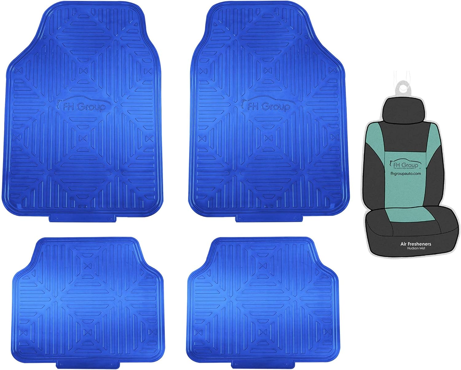 FH Group Car Floor Mats Trimmable Full Blue Set Metallic Rubber Heavy-Duty Floor Mats for Cars Combo Small Car Seat Cover Design, Universal Fit - Climaproof™ Floor Mats for Sedan, SUV and Trucks