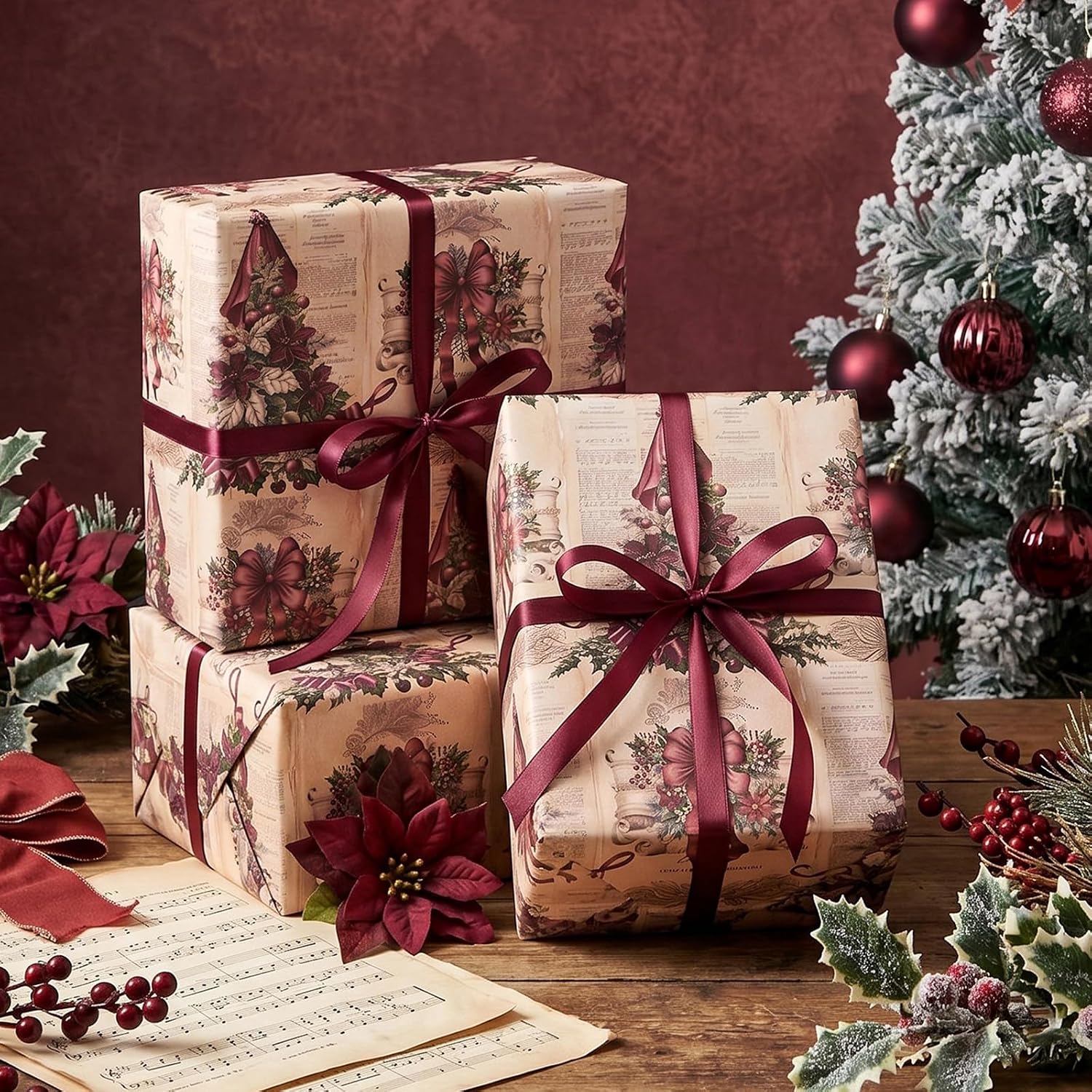 WRAPAHOLIC Kraft Victorian Newspaper Christmas Wrapping Paper - Mini Roll - 17 Inch x 16.5 Feet - Vintage Newspaper Wrapping Paper with Red Poinsettia and Tree Design for Christmas, Winter Season image 4