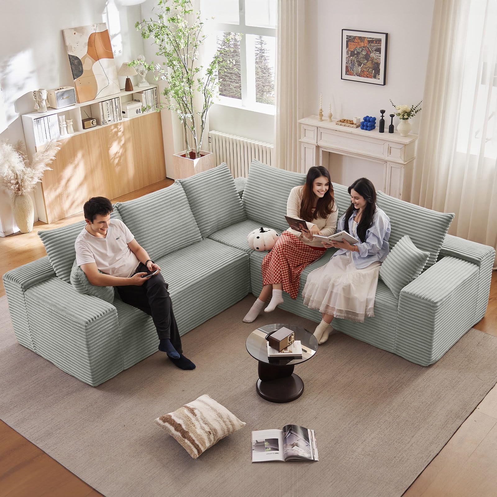 Oversized Modular Sectional Sofa Couch, Large 5 Seater Corner Sofa Modern V Shaped Sectional Couch Cloud Couches for Living Room, Office, Spacious Space, Corduroy, No Assembly Required, Light Grey