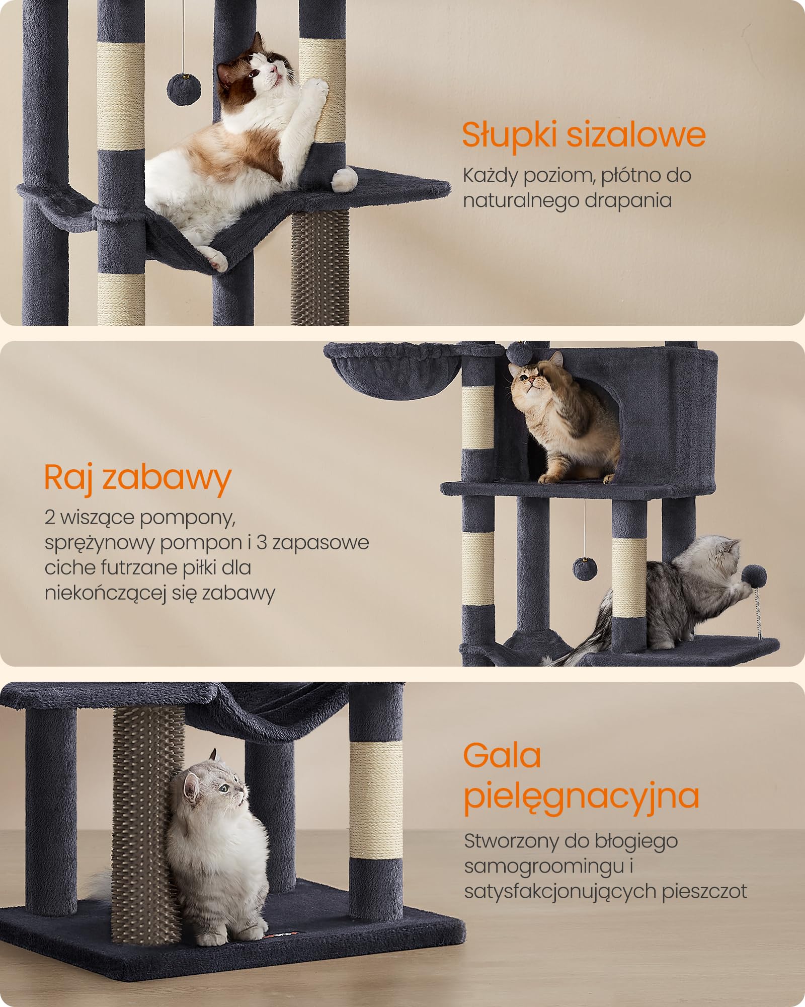 Feandrea duży drapak, wysokość 175 cm, XL, wielopoziomowy drapak dla kota z 2 jaskiniami, 2 leżakami, 5 drapakami, szczotka dla kota, duża platforma, ciemnoszary PCT182G02