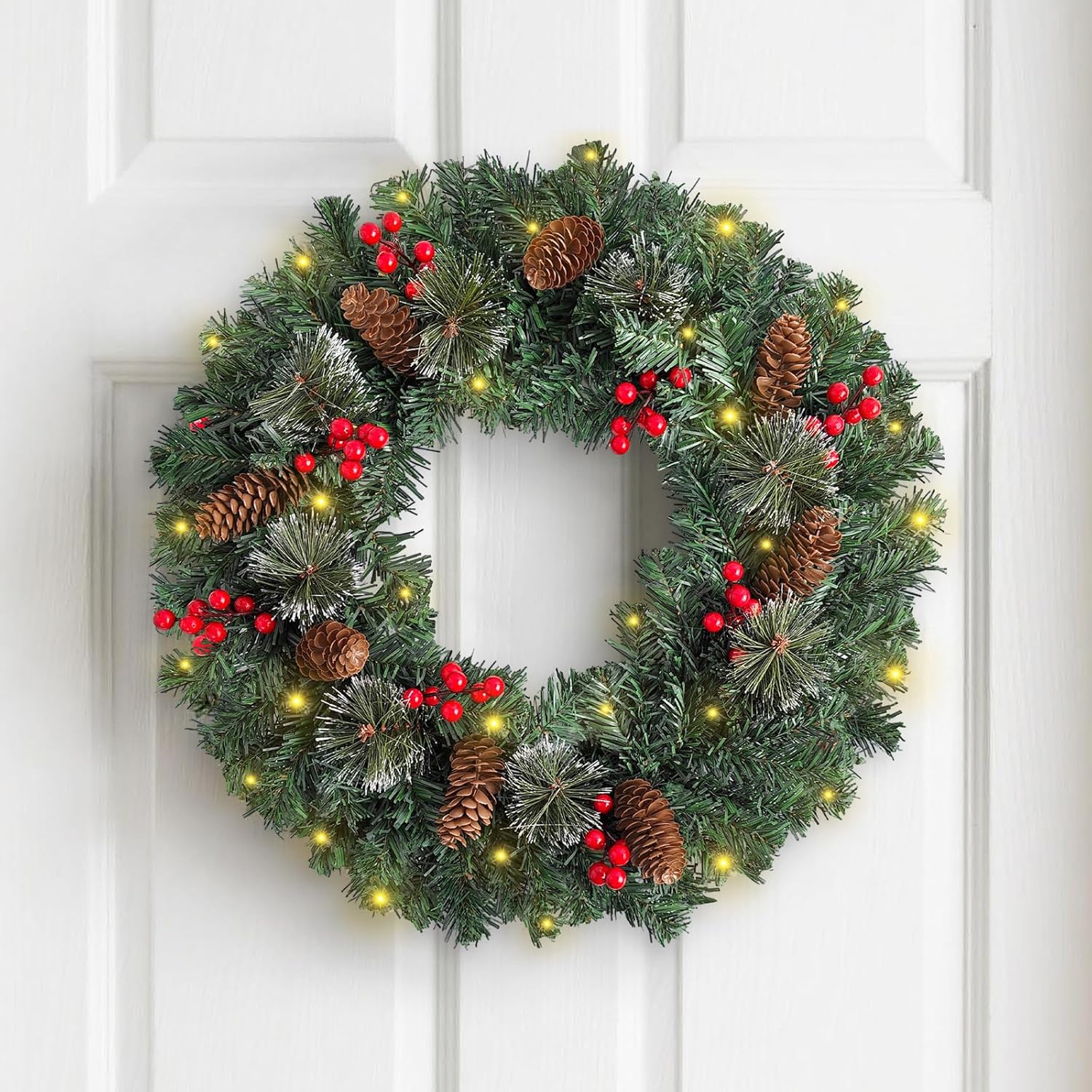 20 Inch Artificial Christmas Wreath, Green, Crestwood Fir, Decorated with Pine Cones, Berry Clusters, and Frosted Branches, Christmas Series