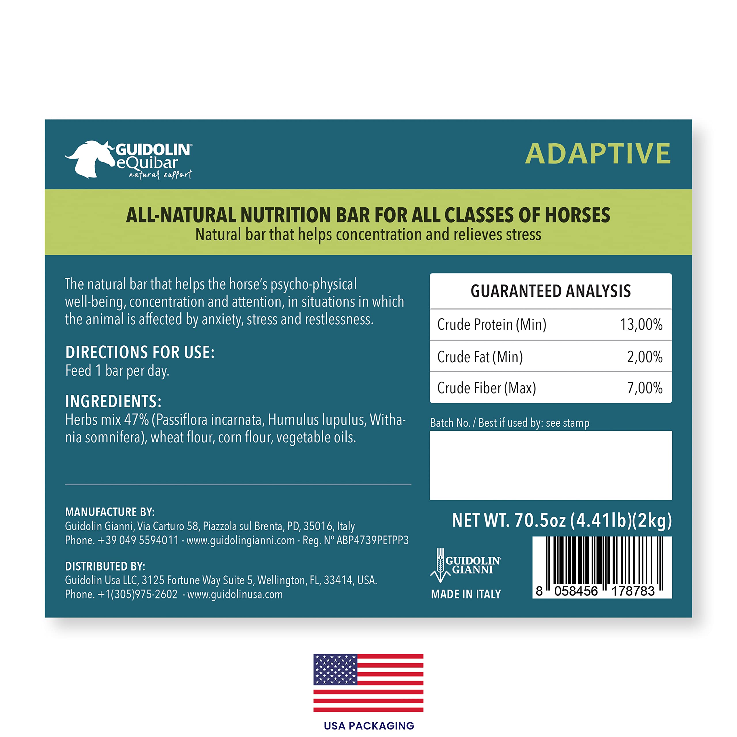 Guidolin Horses Equibar Adaptive® Barretta funzionale per il benessere psico-fisico e la concentrazione del cavallo 100% naturale doping free 2Kg