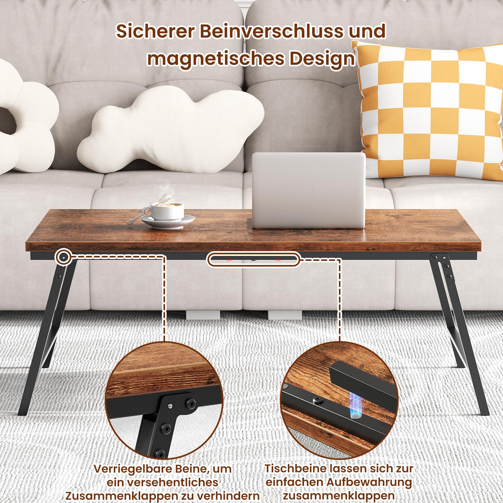 Couchtisch, Klappbarer Wohnzimmertisch, Tisch-Bein-Schnallendesign, Keine Montage erforderlich, Geeignet für Wohnzimmer, Schlafzimmer, Büro, Kaffeetisch aus Holz, 105 x 55 x 40 cm, Dunkelbraun