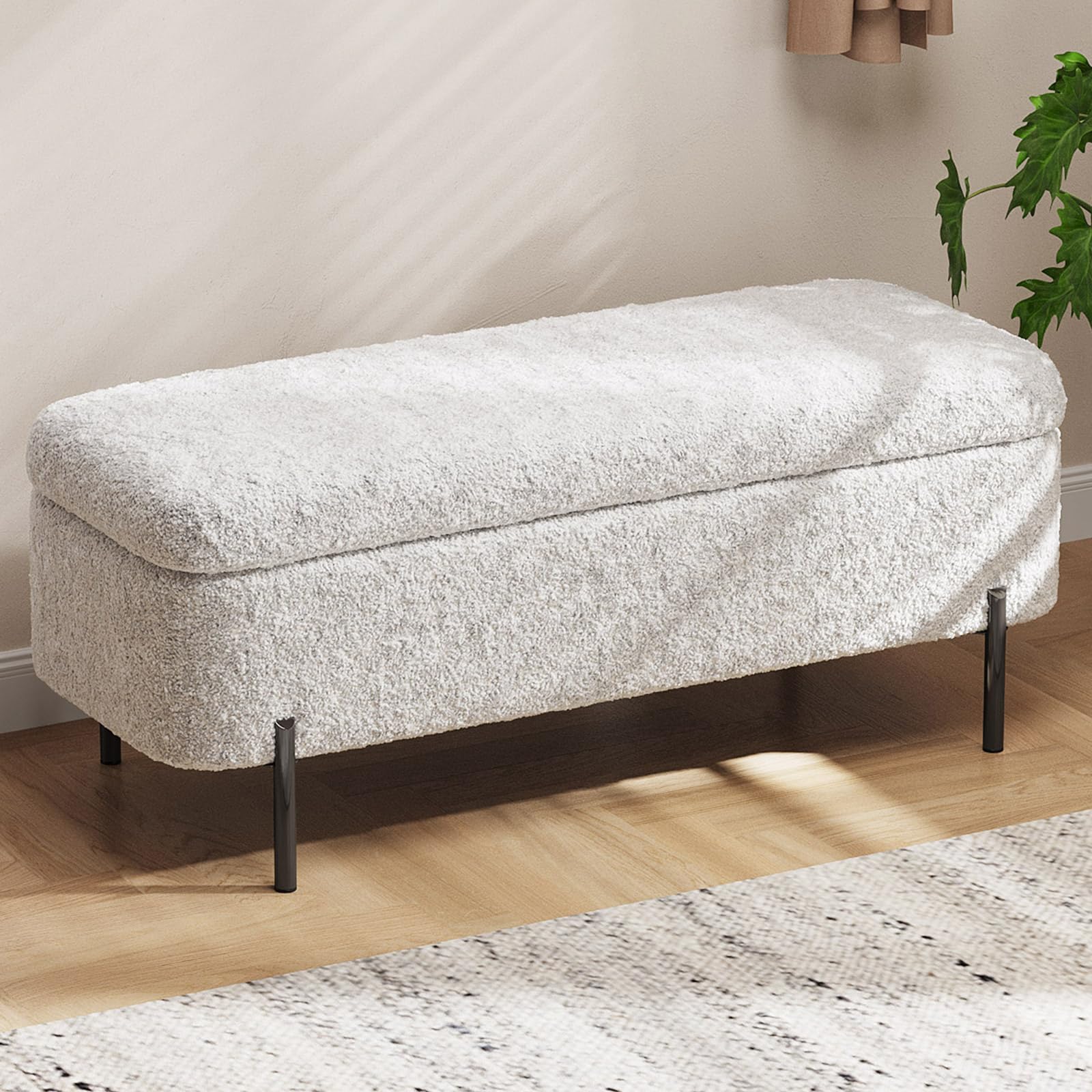 Miuuod Rectangular Storage Ottoman 120cm, Upholstered Sherpa Bench with Metal Legs, End of Bed Seat for Bedroom, Entryway & Living Room, Beige, 150kg Capacity