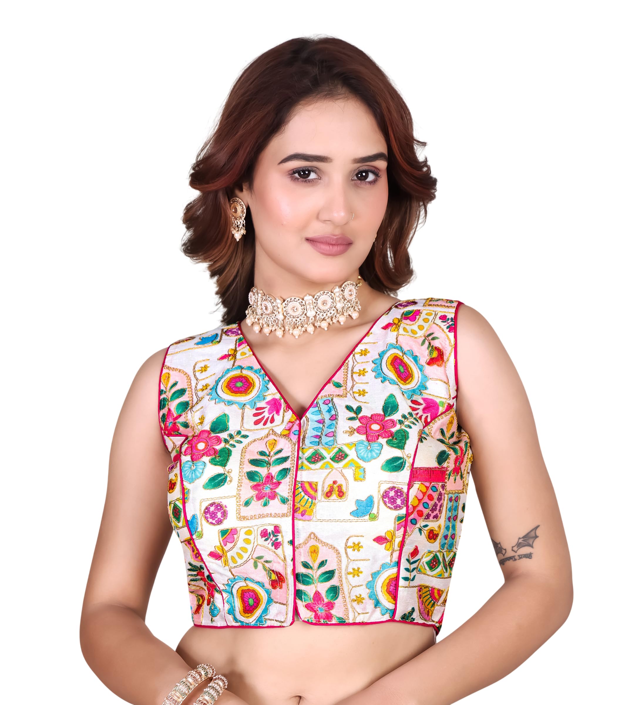 pujia mills Women's V Neck Phantom Silk Floral Sleeveless Woven Embroidery Work Readymade Saree Blouse-picture-21