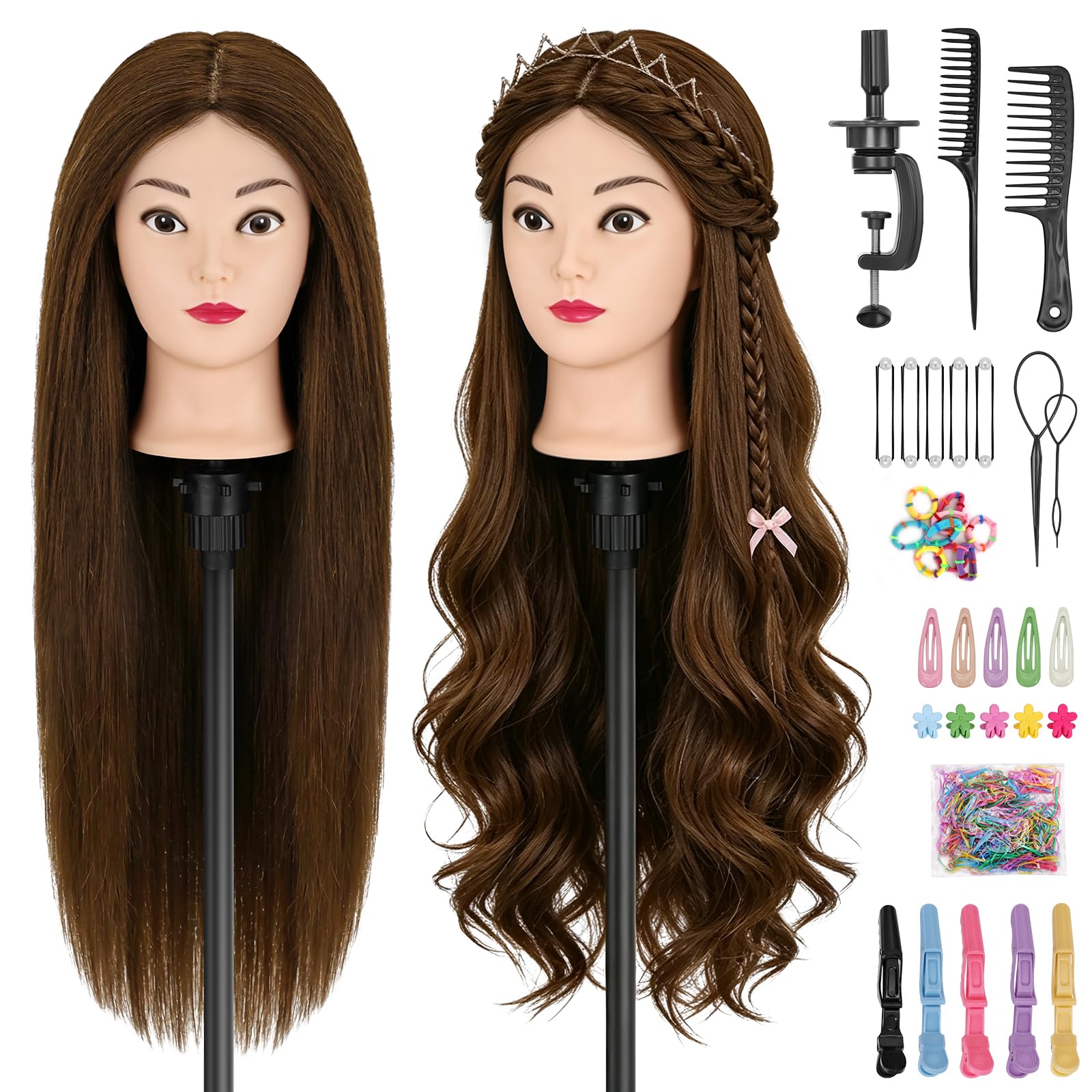 Yofuly Testa di manichino da parrucchiere con 80% veri capelli umani, testa di manichino per fare pratica con lo styling dei capelli, con morsetto da tavolo + set treccia fai da te (marrone)