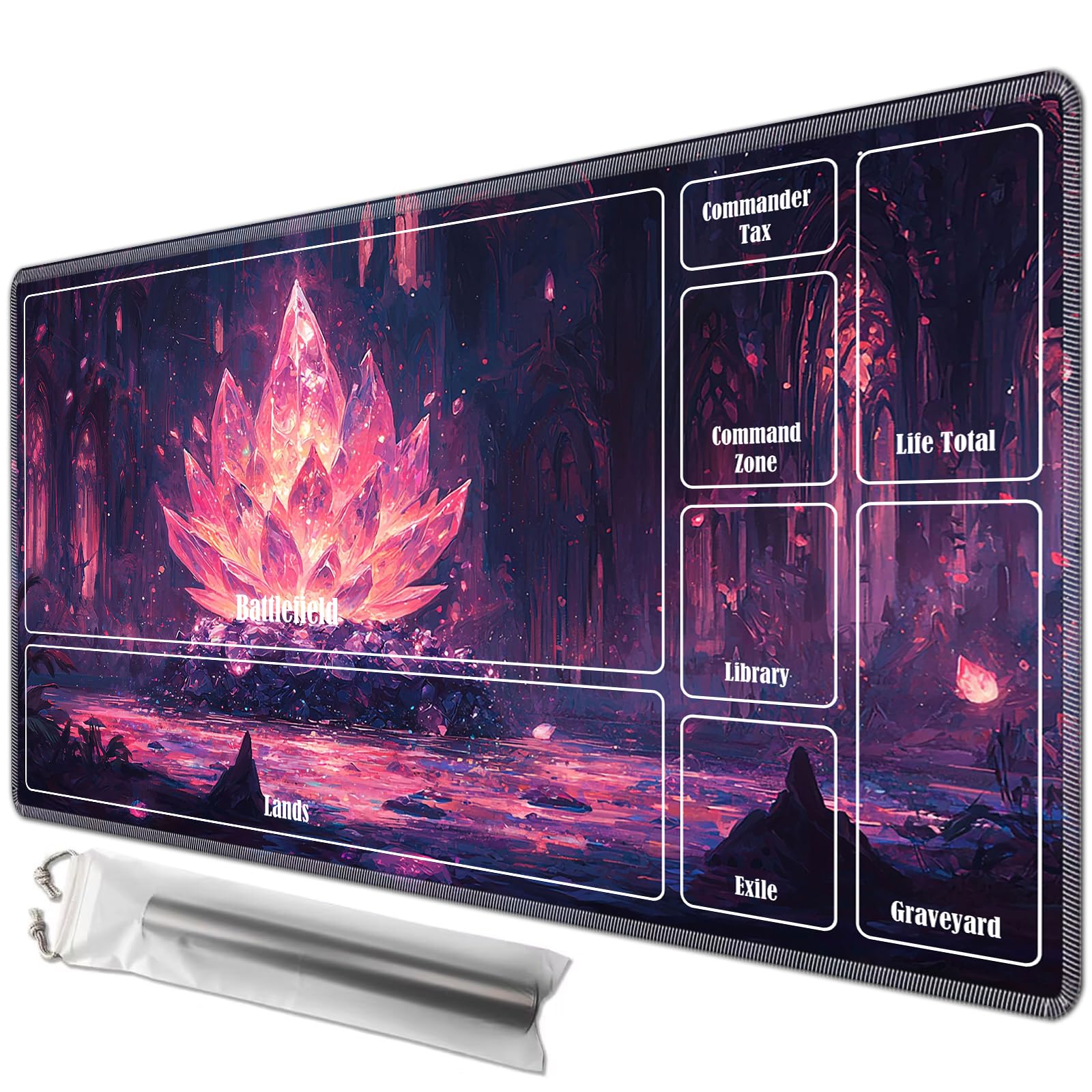 JANENFNA Playmat 24" x 14" with Magic Zones for MTG Card Game Playing, Board Game Mat for Card Breaking Commander Deck Gaming Card Game Battles Mat with Storage Bags, Mysterious Crystal Lotus โ image 1
