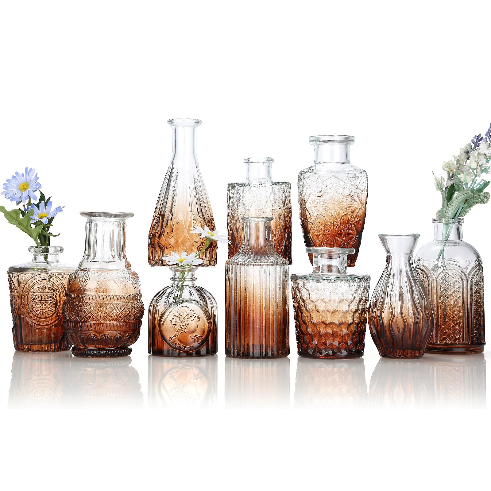 Glass Bud Vase Set of 10, Mini Amber Bud Vase for Centerpieces in Bulk, Small Vintage Flower Vases for Weddings Parties Home Table Decorative