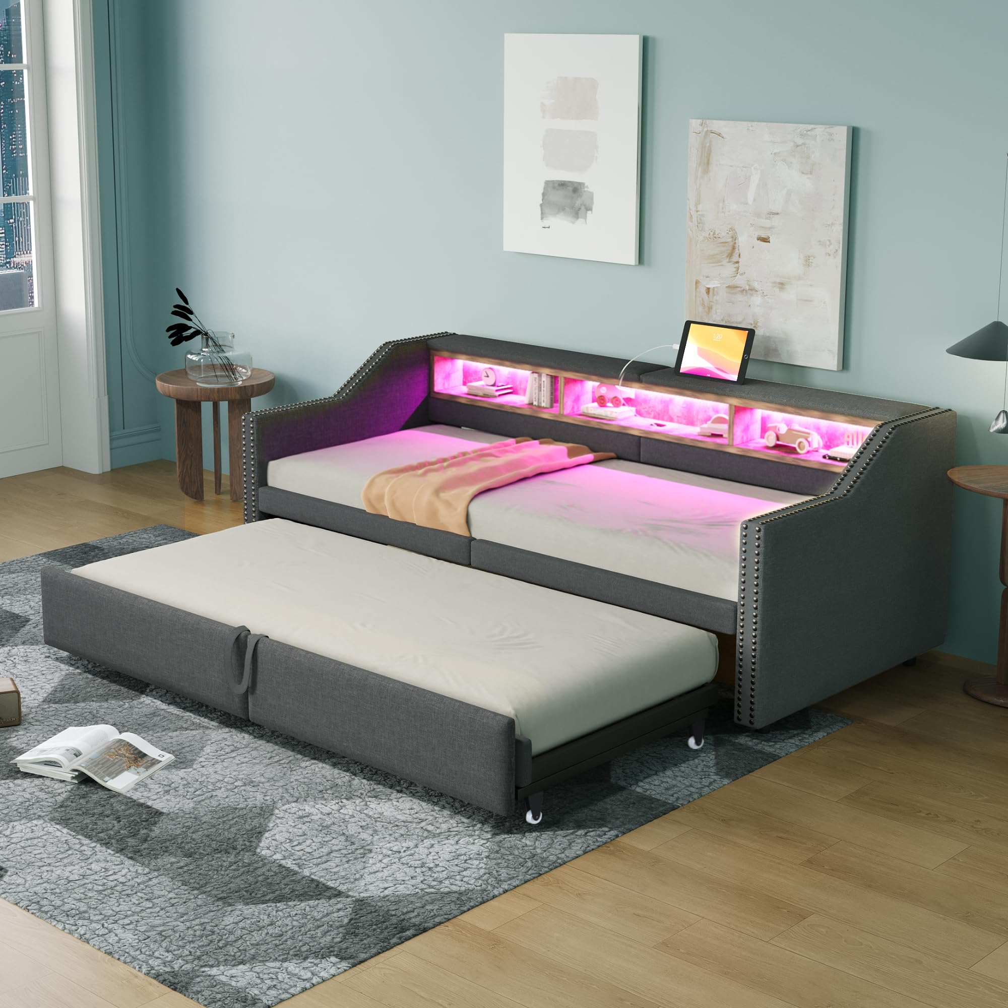 Divano letto imbottito allungabile 90/180 x 200 cm, vano portaoggetti multifunzione, luce LED e presa USB, con rete a doghe, grigio scuro