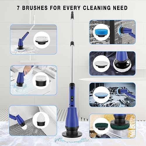 Miniatura 6 de Limpiador eléctrico giratorio inalámbrico para baño con mango largo ajustable, cepillo de limpieza eléctrica de 2 velocidades con 7 cabezales de