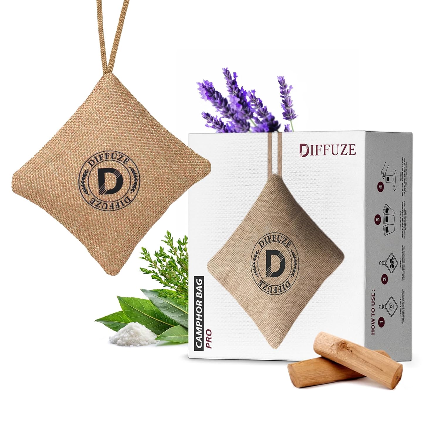 DIFFUZE Camphor Bag Pro | 4-in-1 Air Freshener & Purifier for Car, Closet, Bathroom | Camphor infused with Herbs, Lavender & Sandalwood + Activated Charcoal | Luxury perfume for car and home (Beige)