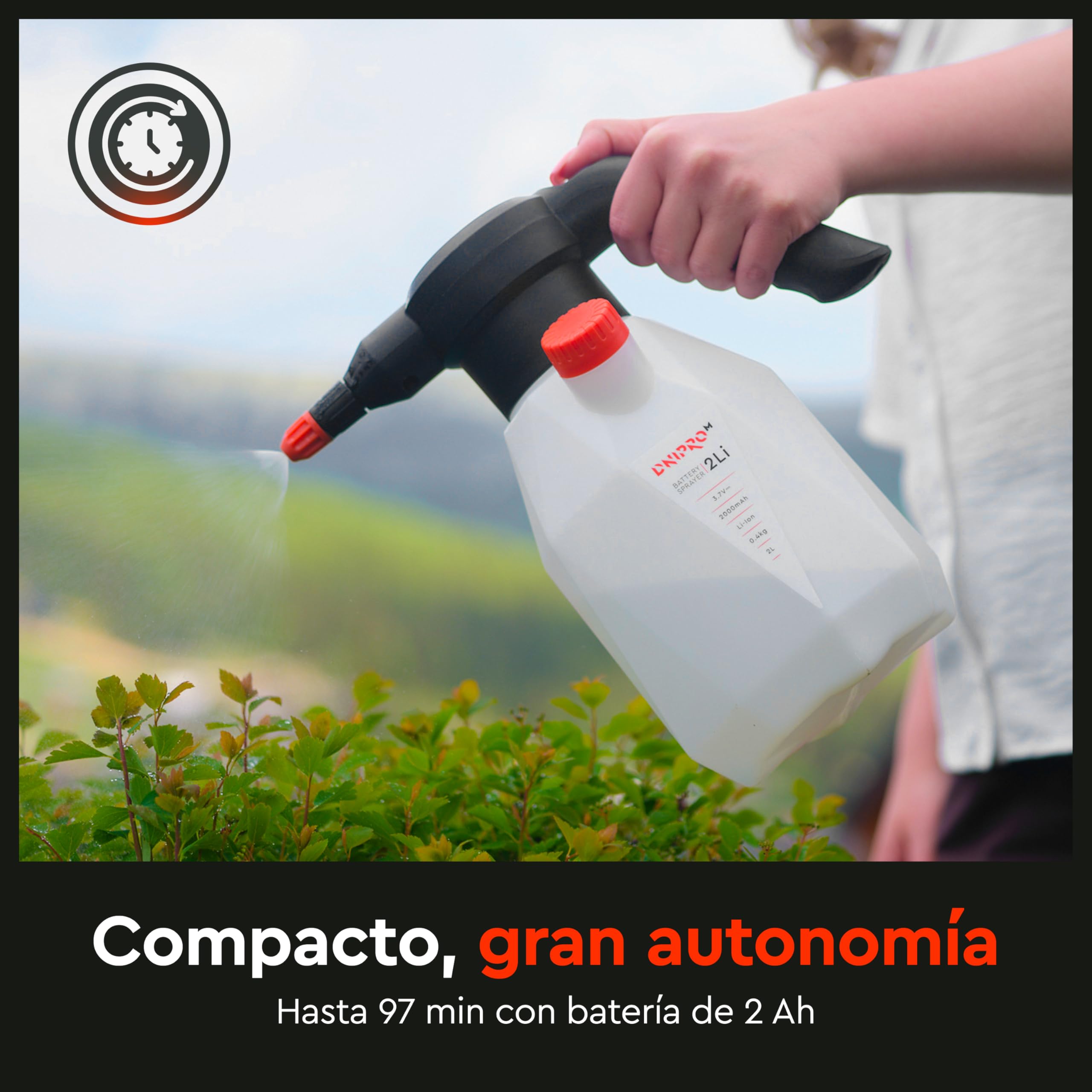 Pulverizador Eléctrico a Batería 2L, Batería Integrada Li-Ion 3,7V 2000 mAh, USB-C, Boquilla Ajustable, 2 Bar, 0,43 kg, para Plantas, Jardín, Terraza y Desinfección - 2Li