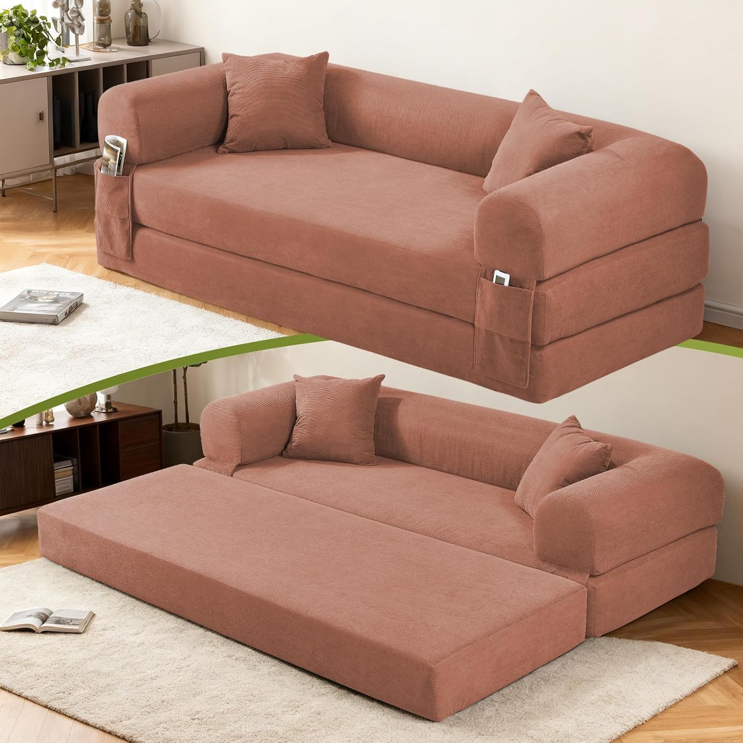 80 Inch Convertible Sofa Bed,Folding Pull Out Couch with Pillows & Storage Pocket,Corduroy Queen Sleeper Sofa in a Box,No Assembly Boneless Couch for Living Room,Pink