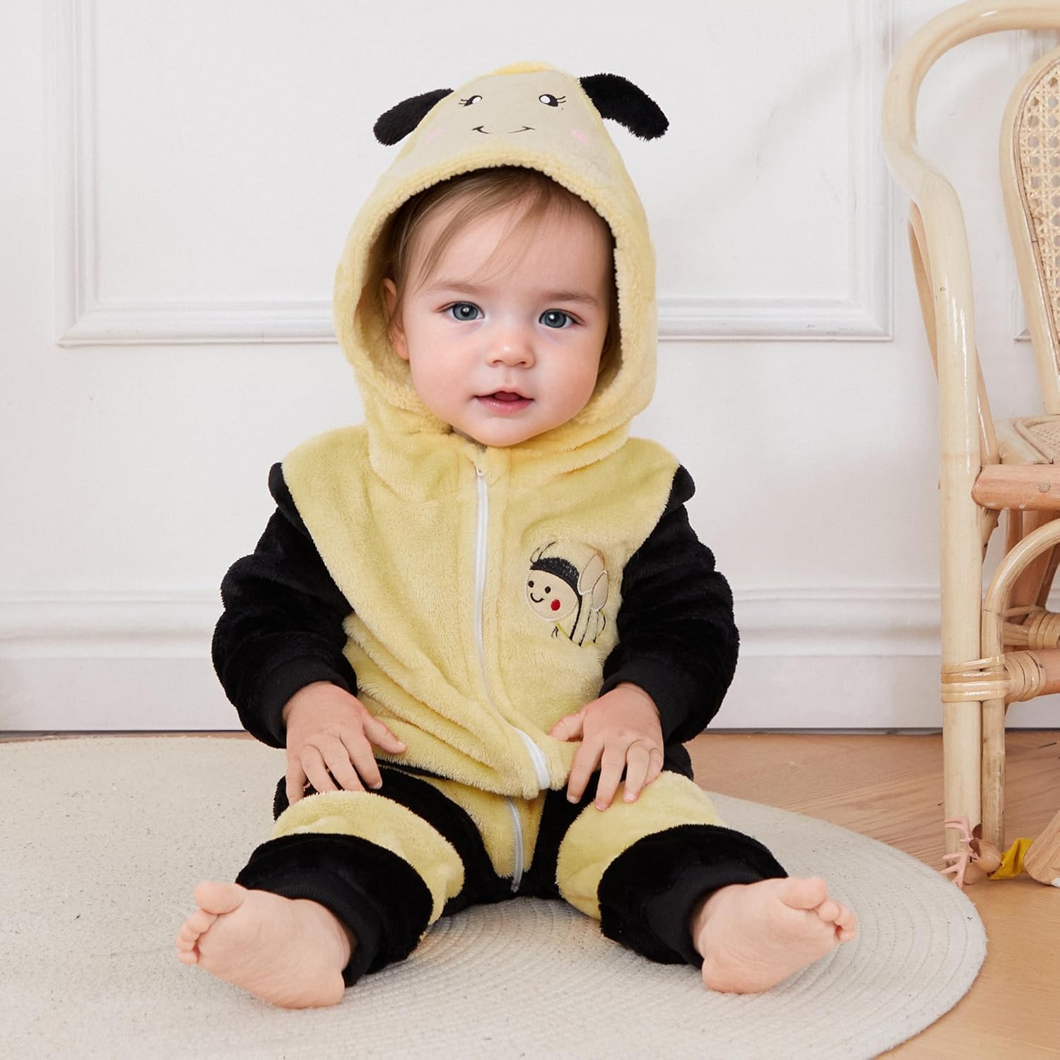Pudcoco Toddler Baby Boys Girls Halloween Bee Costume Cartoon Animal Fuzzy Hooded Zipper Romper Jumpsuit Cosplay - Image 2