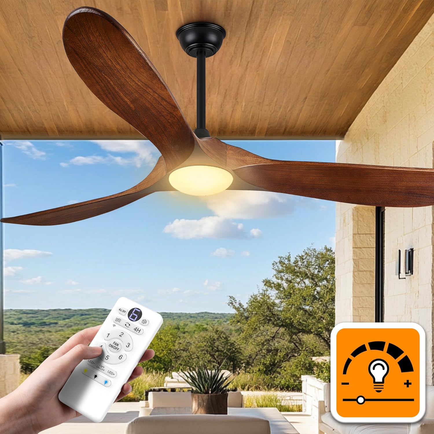 Haipeel 52 Inch Outdoor Ceiling Fans with Lights, Propeller Solid Wood Ceiling Fan with Light and Remote Control 3 Blades Damp Rated Outdoor Fan Quiet for Patios Farmhouse Bedroom Sunroom, Dark Walnut