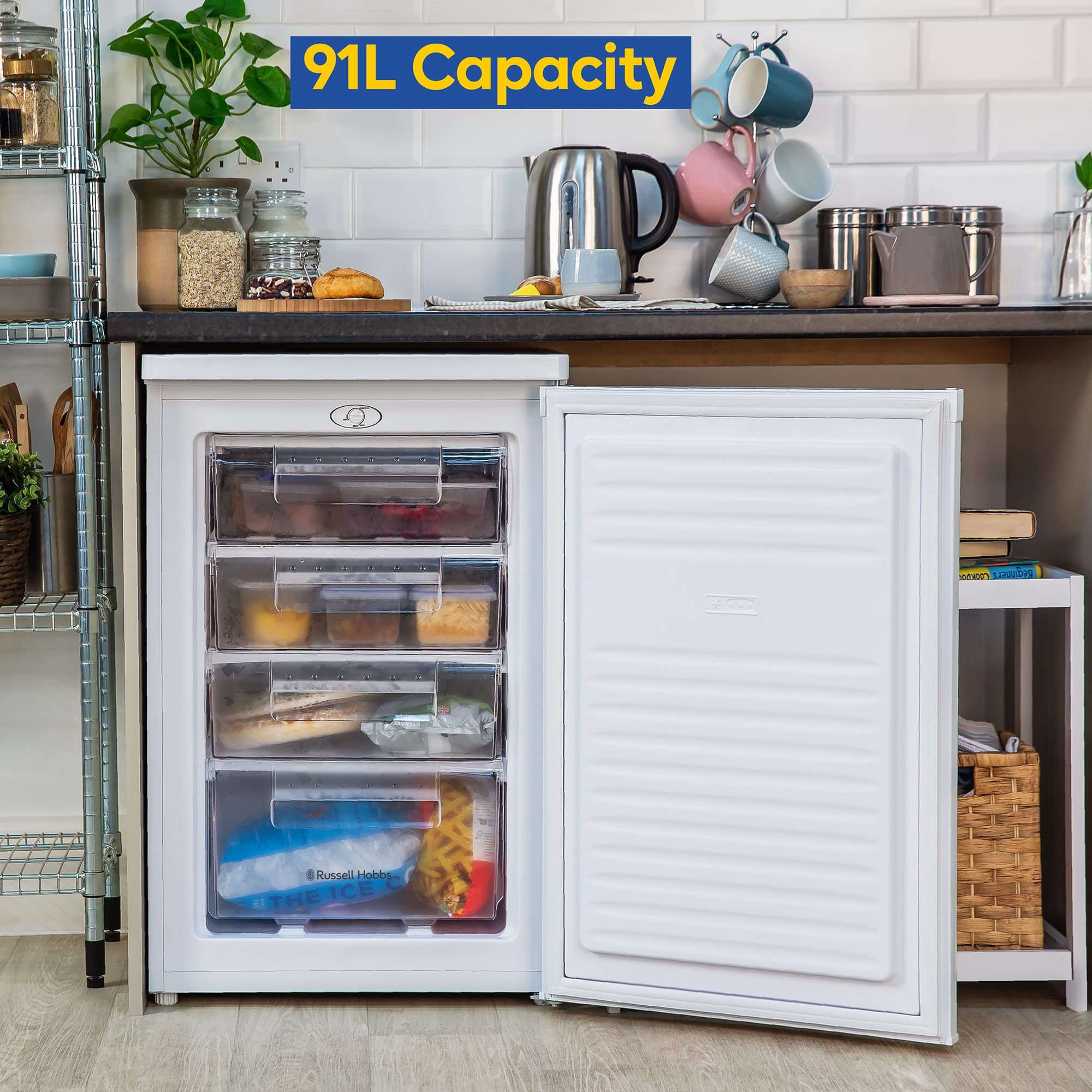 Russell Hobbs Under Counter Freezer 91 Litre Capacity 55cm Wide with Adjustable Thermostat & Feet, 3 Freezer Drawers, Reversible Door, White, 2 Year Guarantee RH85UCFZ552E1W - 4