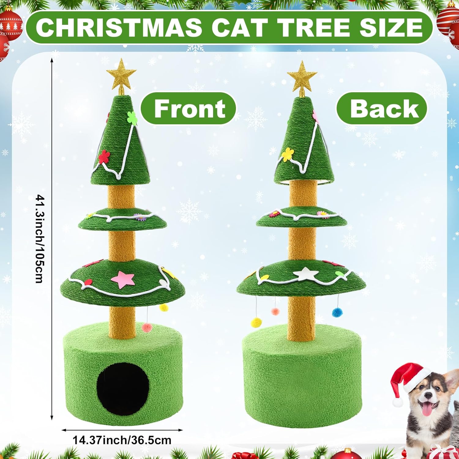 41.3" Christmas Cat Tree Tower with Cat House Sisal Scratching Post Ball Teaser Plaything for Indoor Cats Multi-Level Tree Tower Furniture for Kittens Christmas Party Decor, Green