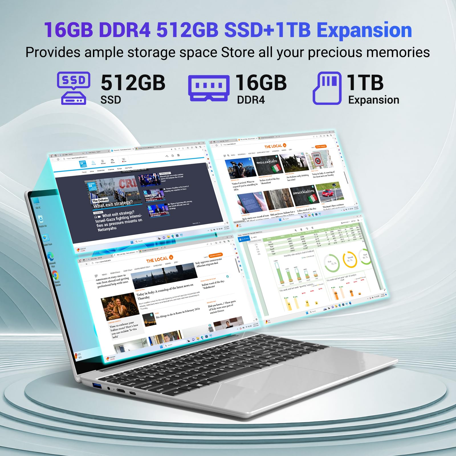 PC Portatile 15.6 Pollici,N95(Fino 3,4 GHz) 16GB DDR4 512GB SSD TF 1TB,Win11 Notebook,1920 * 1080 FHD,Tastiera retroilluminata/5G WiFi/USB-C 3.0/HDMI/Tastiera Italiana Membrana,Grigio