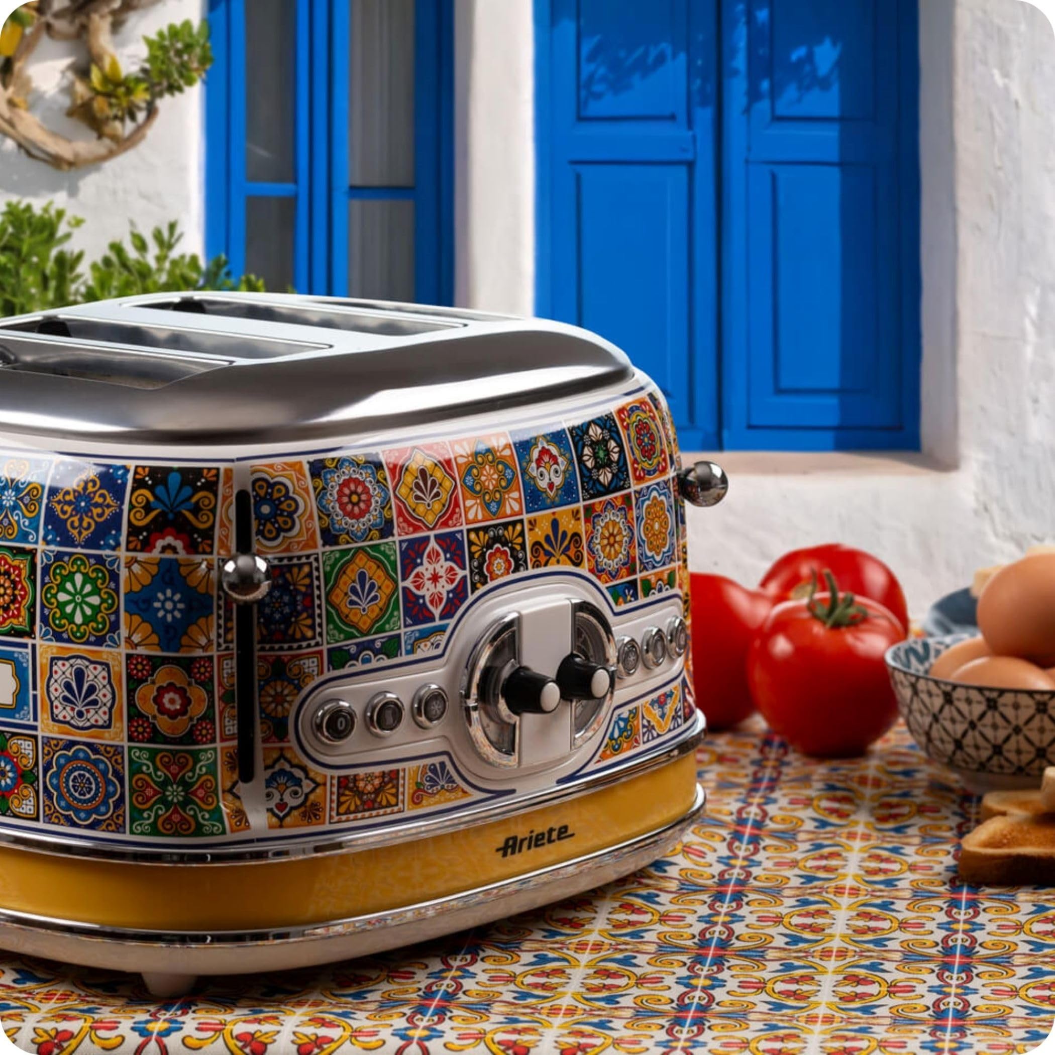 Ariete Toaster 156 Positano, Style Méditerranéen, 4 Fentes, 6 Niveaux de Brunissement avec Ejection Automatique, Bac à Miettes, Fonctions de Grillage, Chauffage et Décongélation, 1630W