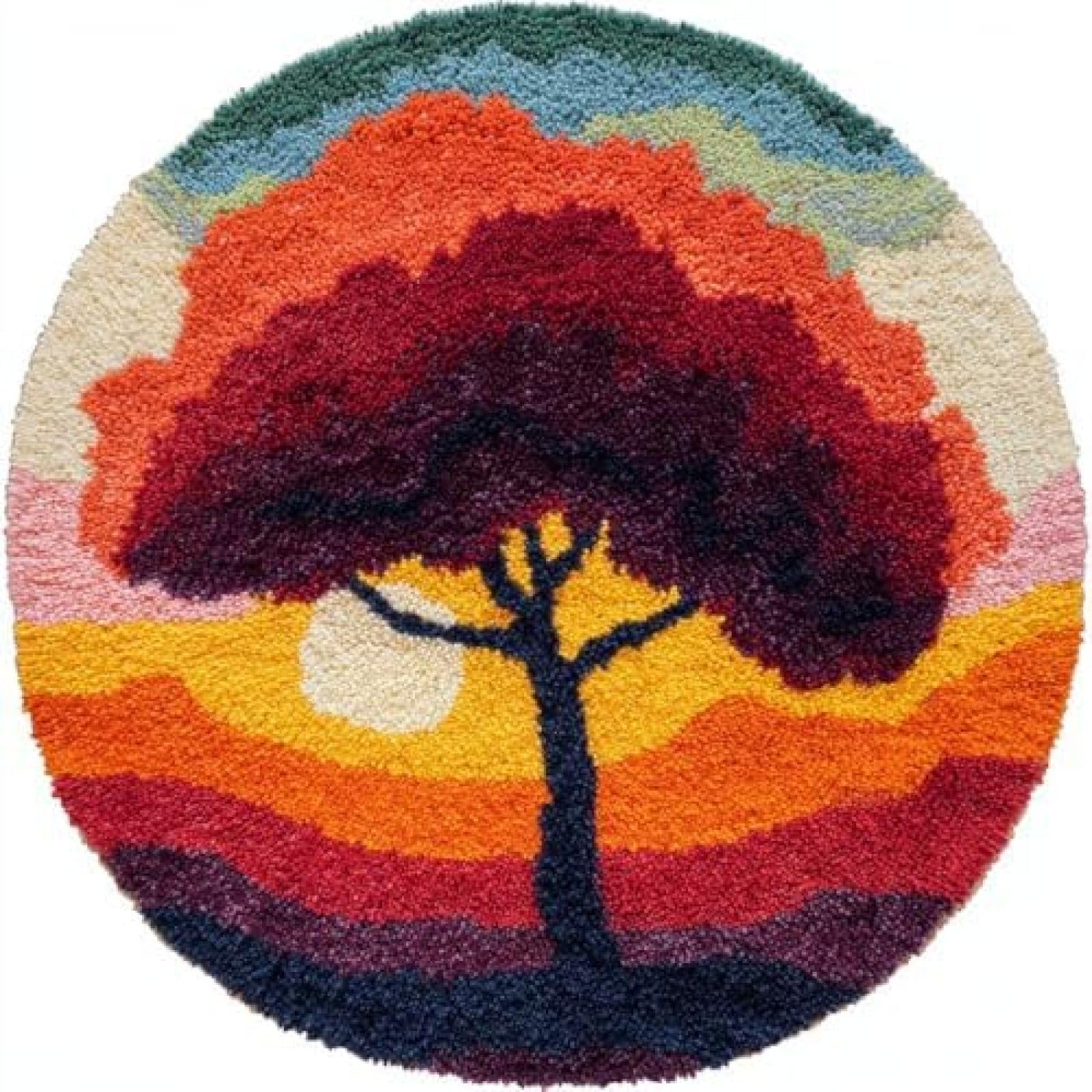XDEGHUANGSS Latch Hook Rug Kit Walnut Tree and Sunset Round Rug 52x52cm