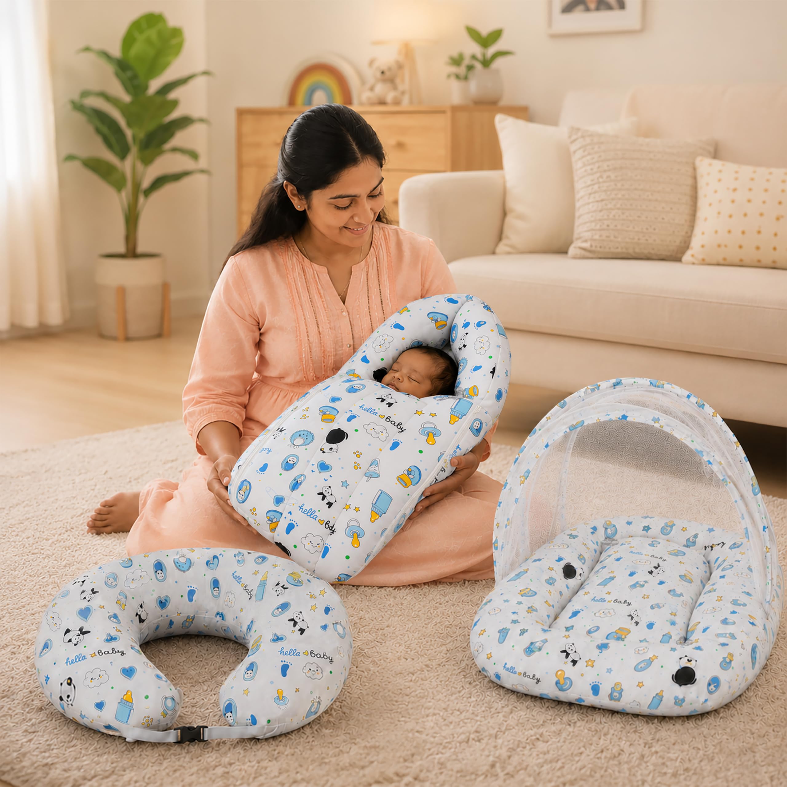 Panda Blue Baby Bedding Set - Sleeping Bag & Mosquito Net -18