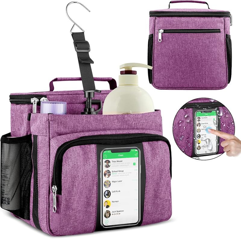 Necessaire organizadora Bukere para banho, com compartimentos separados, bolso para celular, base de malha e gancho, Purple
