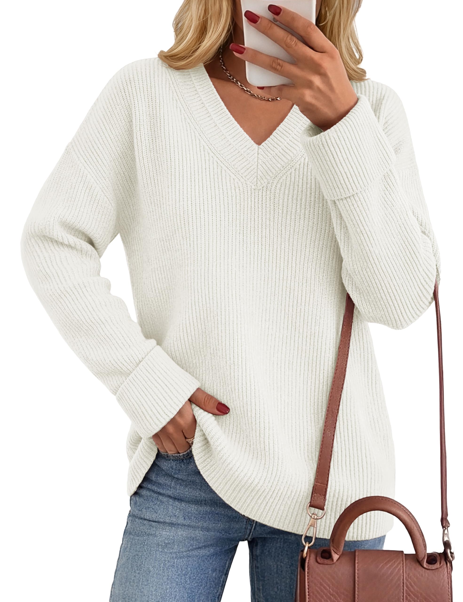YUCOLEN Womens Sweaters 2026 Long Sleeve Casual V Neck Pullover Tops Loose Fit Fall Knit Trendy Blouses
