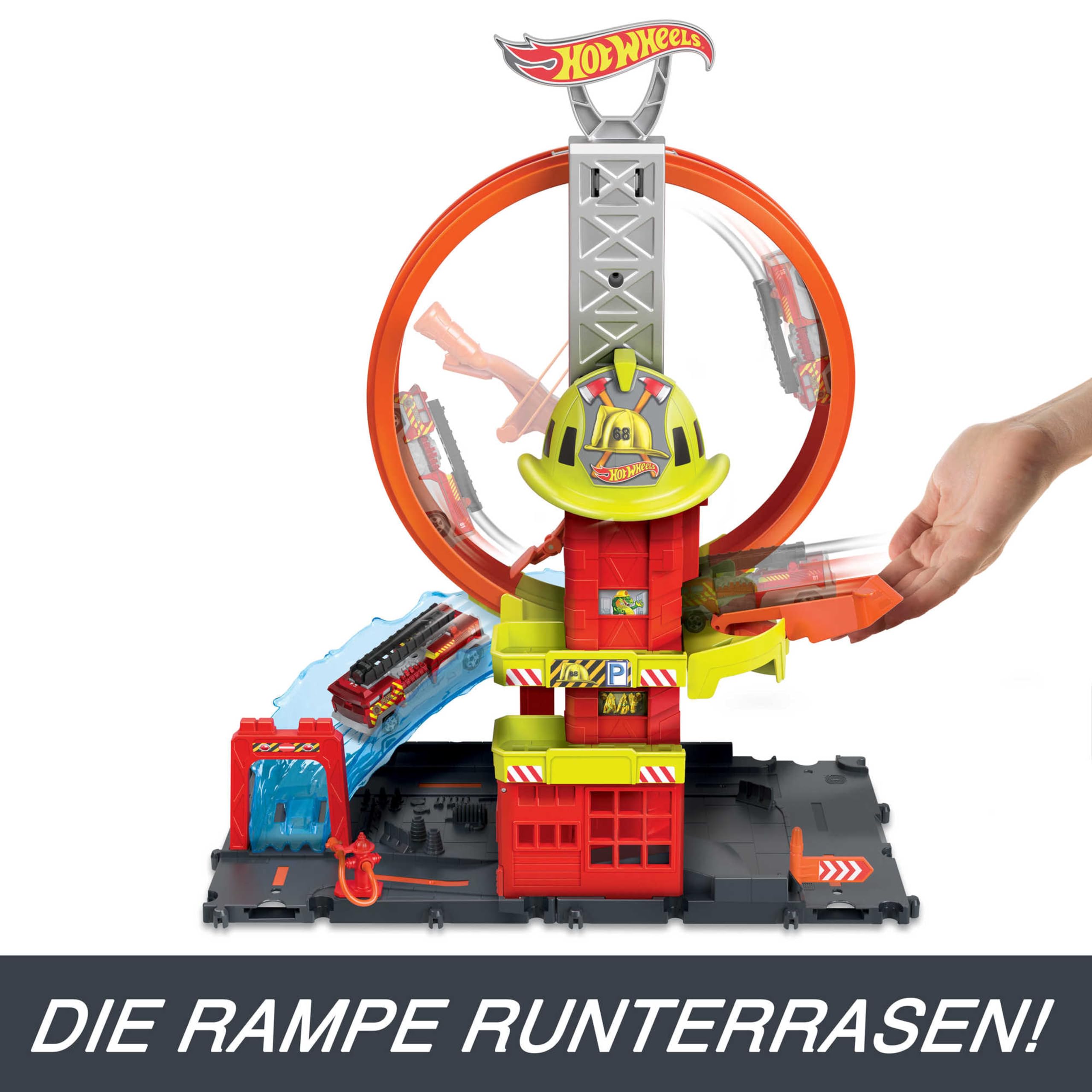 Hot Wheels City Super-Looping Feuerwache - Spielset mit manuellem Aufzug und wasserähnlicher Rampe und Parkplätzen für zusätzliche Autos, für Kinder ab 4 Jahren, HKX41