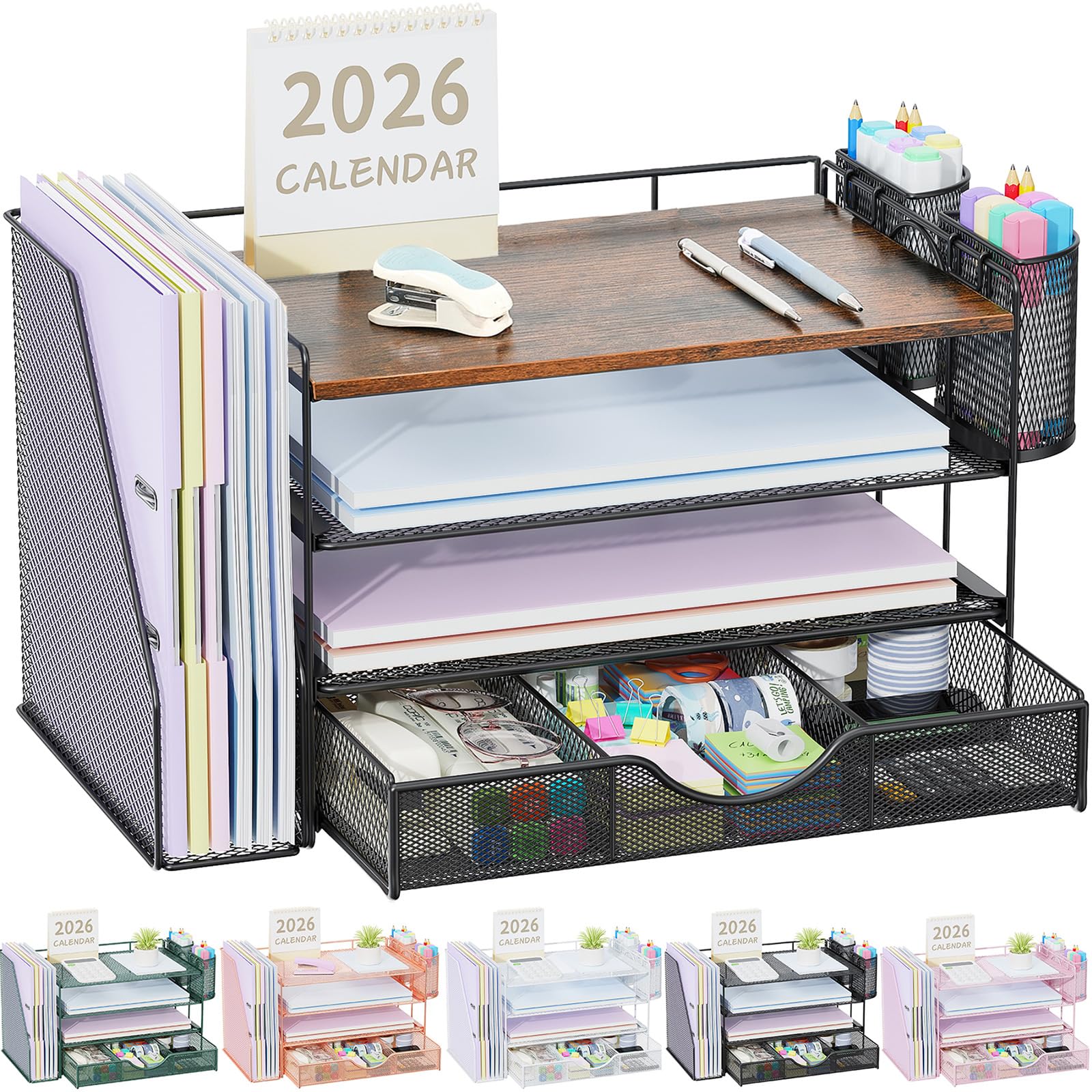 gianotter Desk Organizers and Accessories with File Holder, 4-Tier Desk Accessories &amp; Workspace Organizers with Drawer and 2 Pen Holder, Paper Organizer for Office Supplies (Wood)