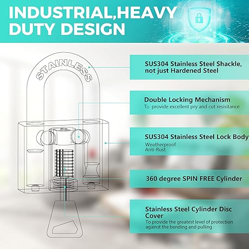 Miniatura 4 de KAWAHA 4150L-2P Candado de acero inoxidable de alta seguridad con grillete largo de 2 pulgadas (1.969 in) con llave para uso en interiores y