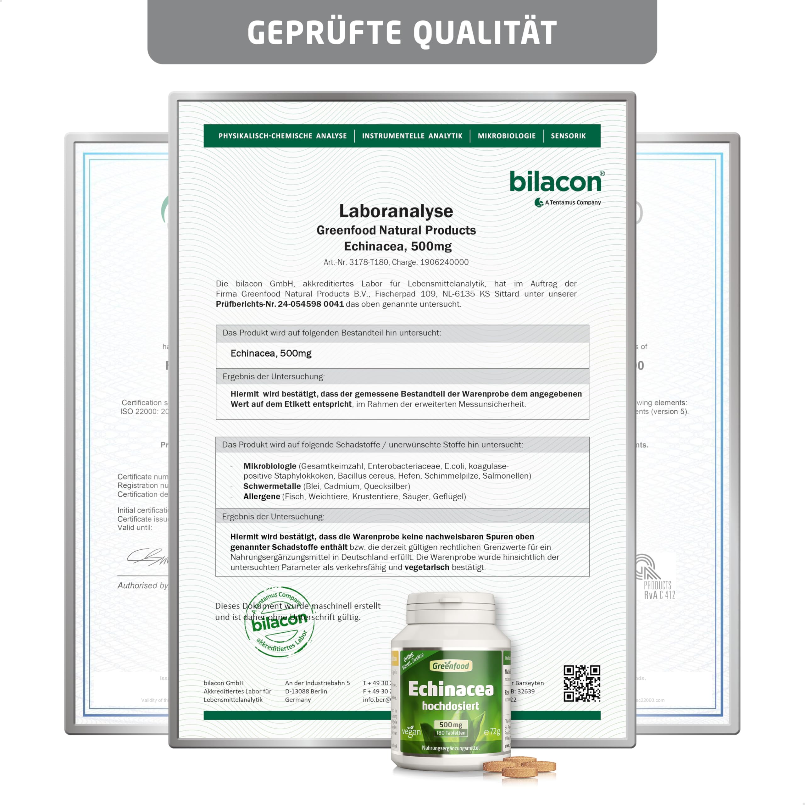 Echinacea, hochdosiert, 500mg - 180 Tabletten, vegan. Pflanzlicher Begleiter in der Grippezeit. Reines Naturprodukt. OHNE künstliche Zusätze - laborgeprüft. Von Greenfood.