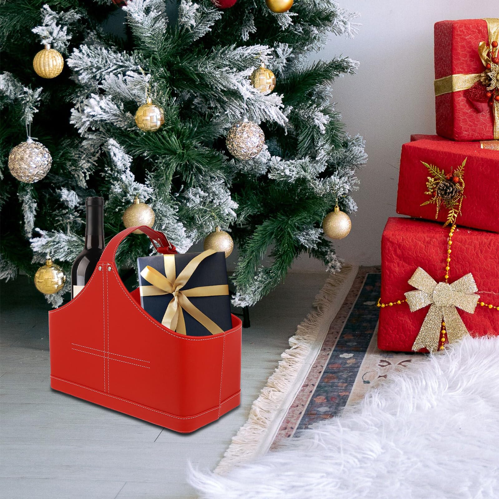GANAZONO Bolsa de Navidad Reutilizable de Cuero PU Roja Cesta Mediana Asas para Regalos Navideños Bolso Portátil para Embalaje y Transporte de Dulces Juguetes y Artículos Pequeños