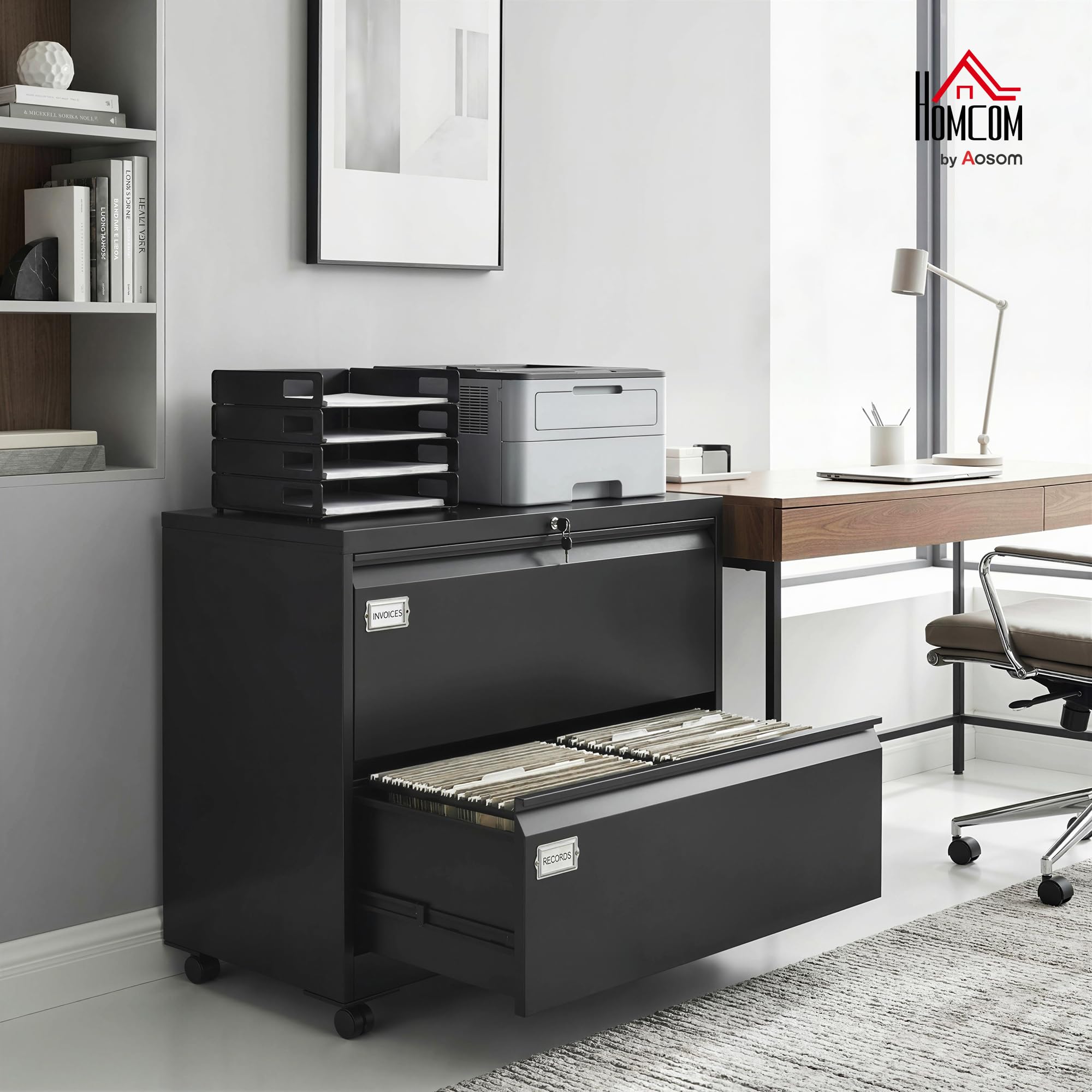 HOMCOM Rollcontainer mit 2 Schubladen mobiler Aktenschrank mit Rollen abschließbar Büroschrank mit verstellbarem Hängeregistratur, Schubladenschrank für Büro, Homeoffice, 90 x 40 x 77,4 cm, Schwarz